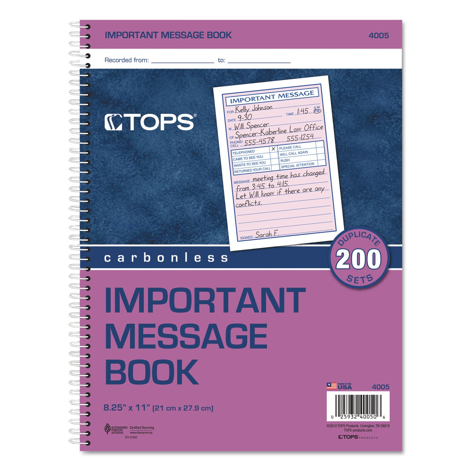 TOPS™ Telephone Message Book with Fax/Mobile Section, Two-Part Carbonless, 3.88 x 5.5, 4 Forms/Sheet, 200 Forms Total