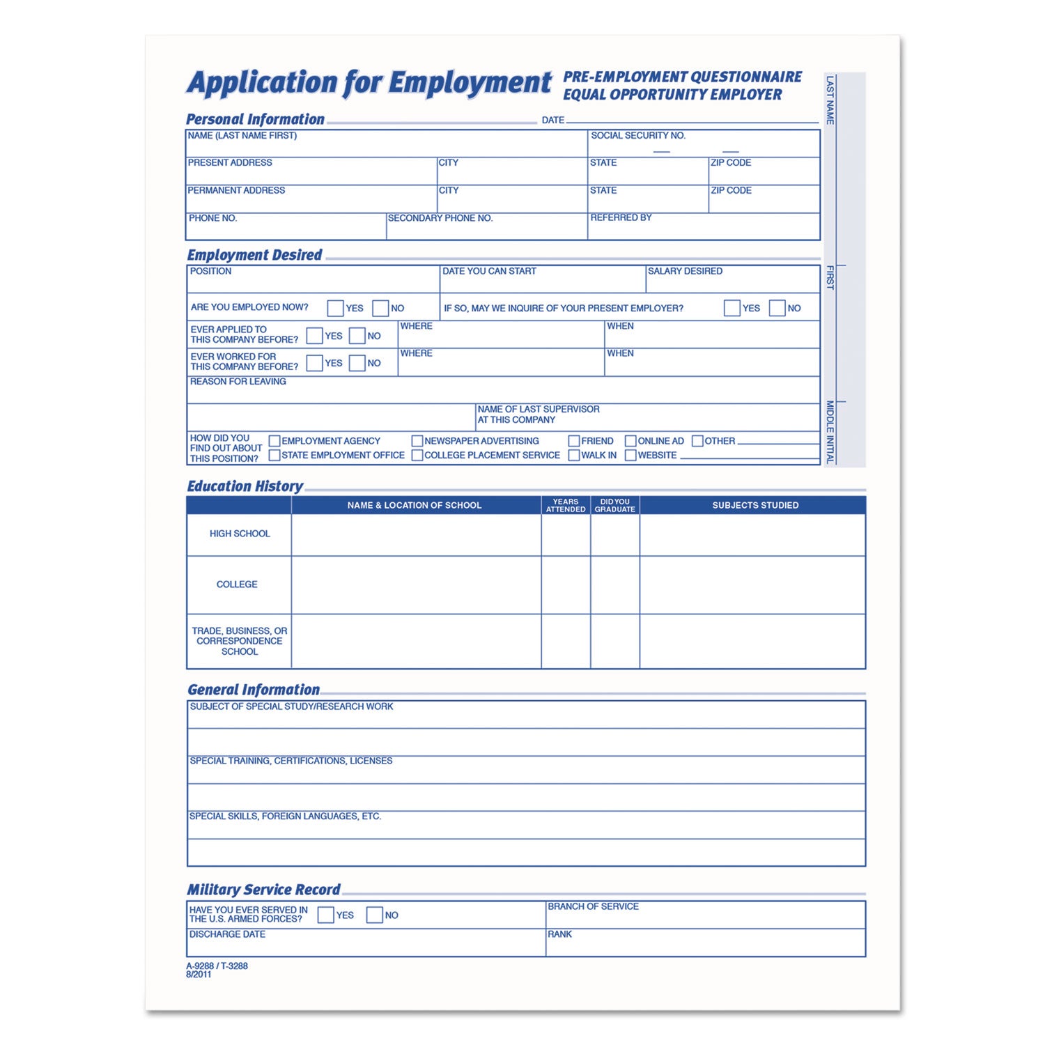 Comprehensive Employee Application Form, One-Part (No Copies), 17 x 11, 25 Forms Total