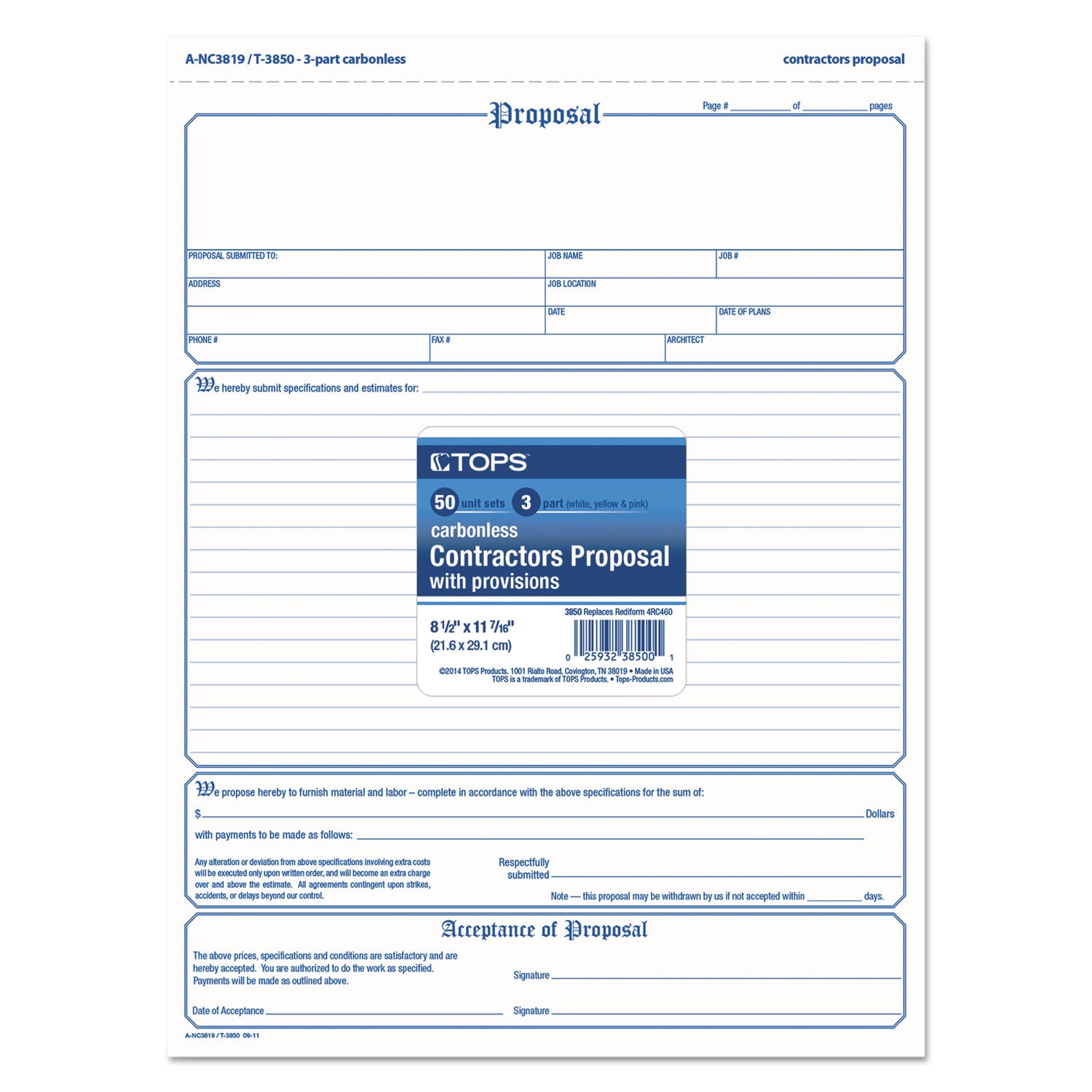 TOPS™ Proposal Form, Three-Part Carbonless, 11 x 8.5, 50 Forms Total