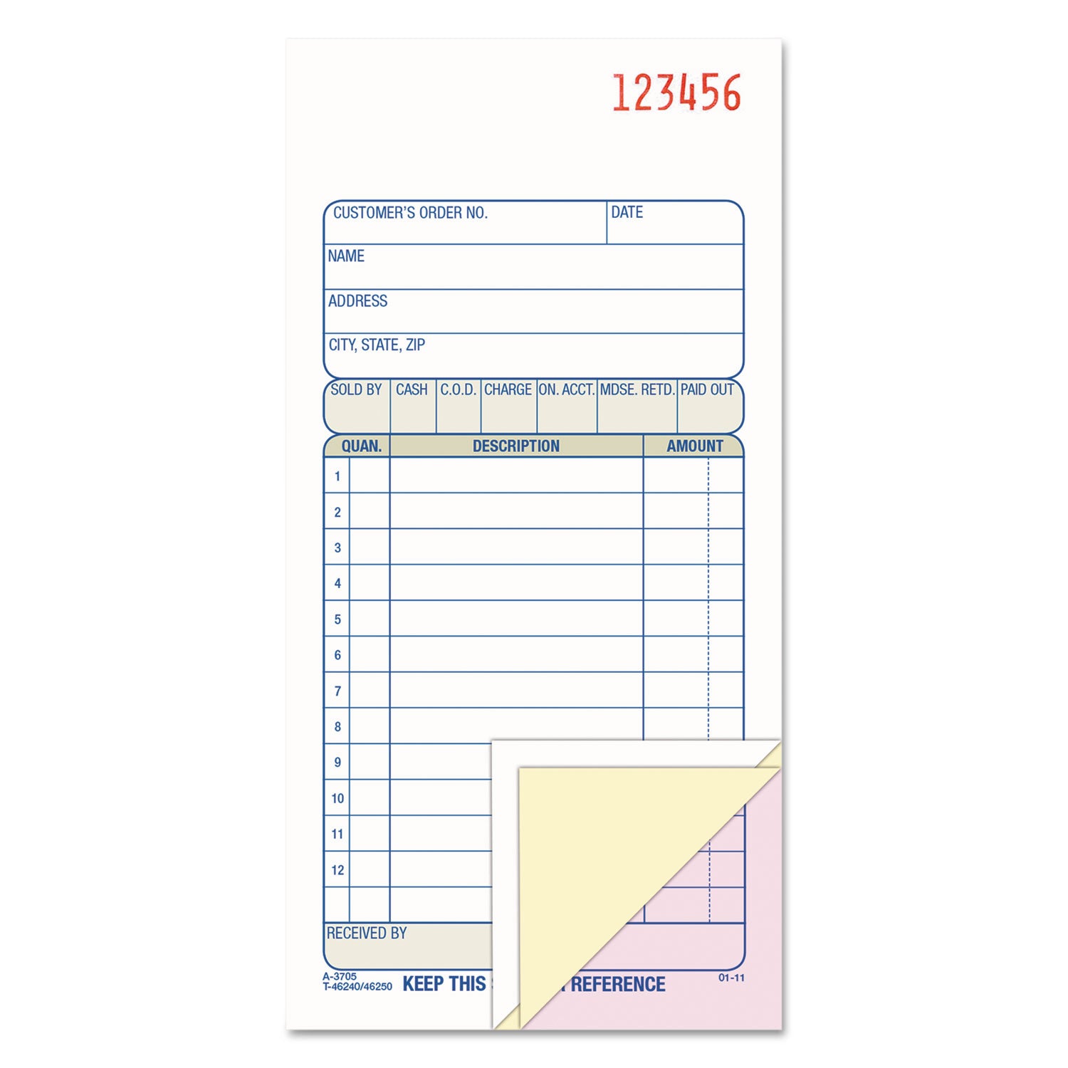 3-Part Sales Book, Three-Part Carbonless, 3.25 x 7.13, 50 Forms Total