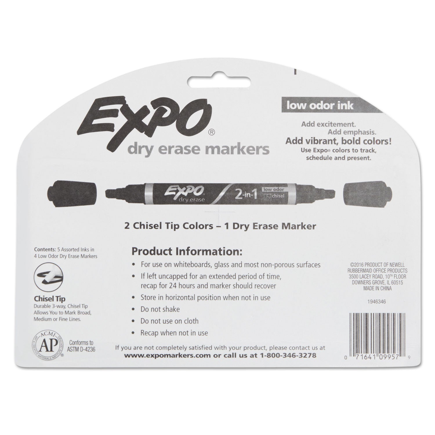 EXPO® 2-in-1 Dry Erase Markers, Fine/Broad Chisel Tips, Assorted Primary Colors, 4/Pack