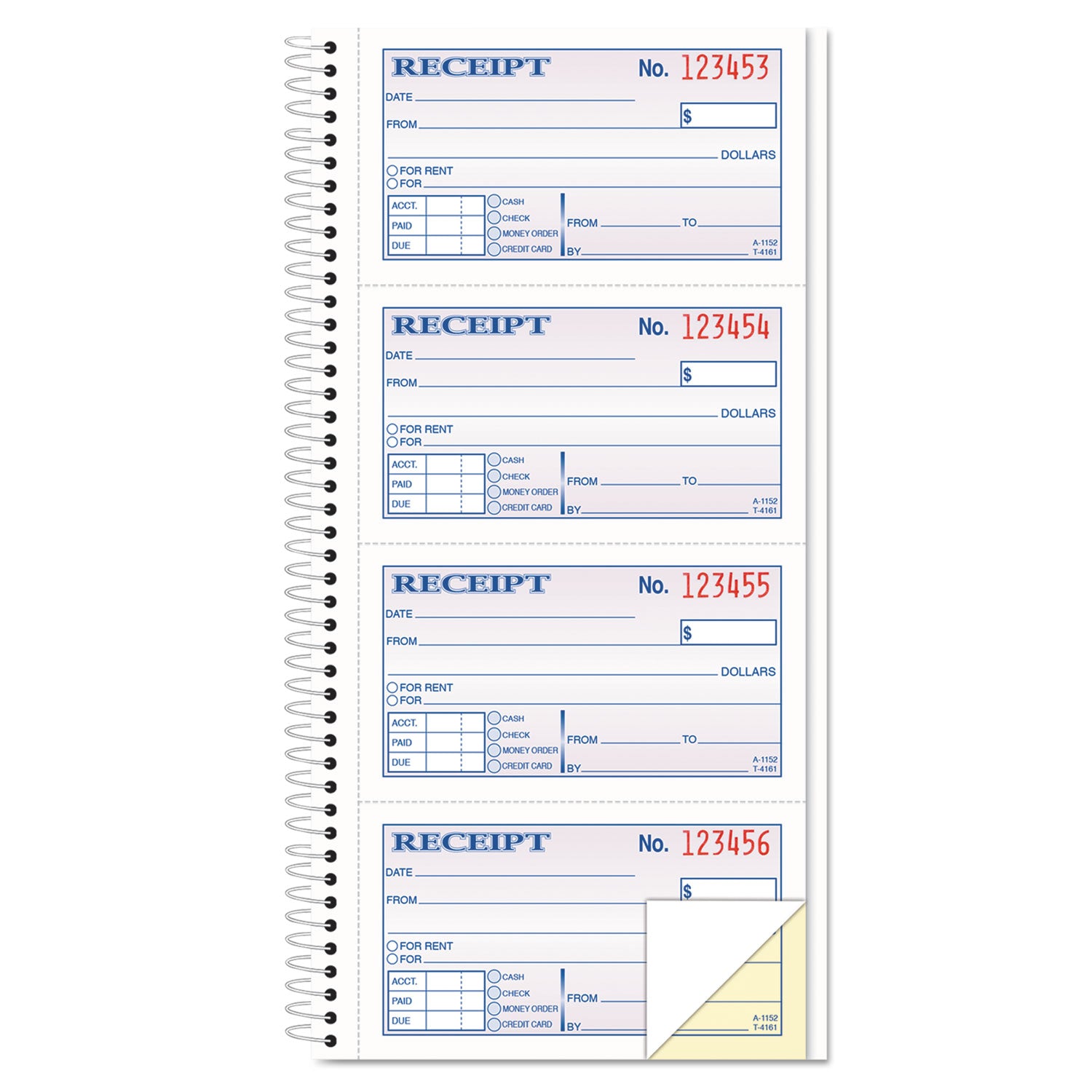 Spiralbound Money and Rent Receipt Book, Two-Part Carbonless, 4.75 x 2.75, 4 Forms/Sheet, 200 Forms Total