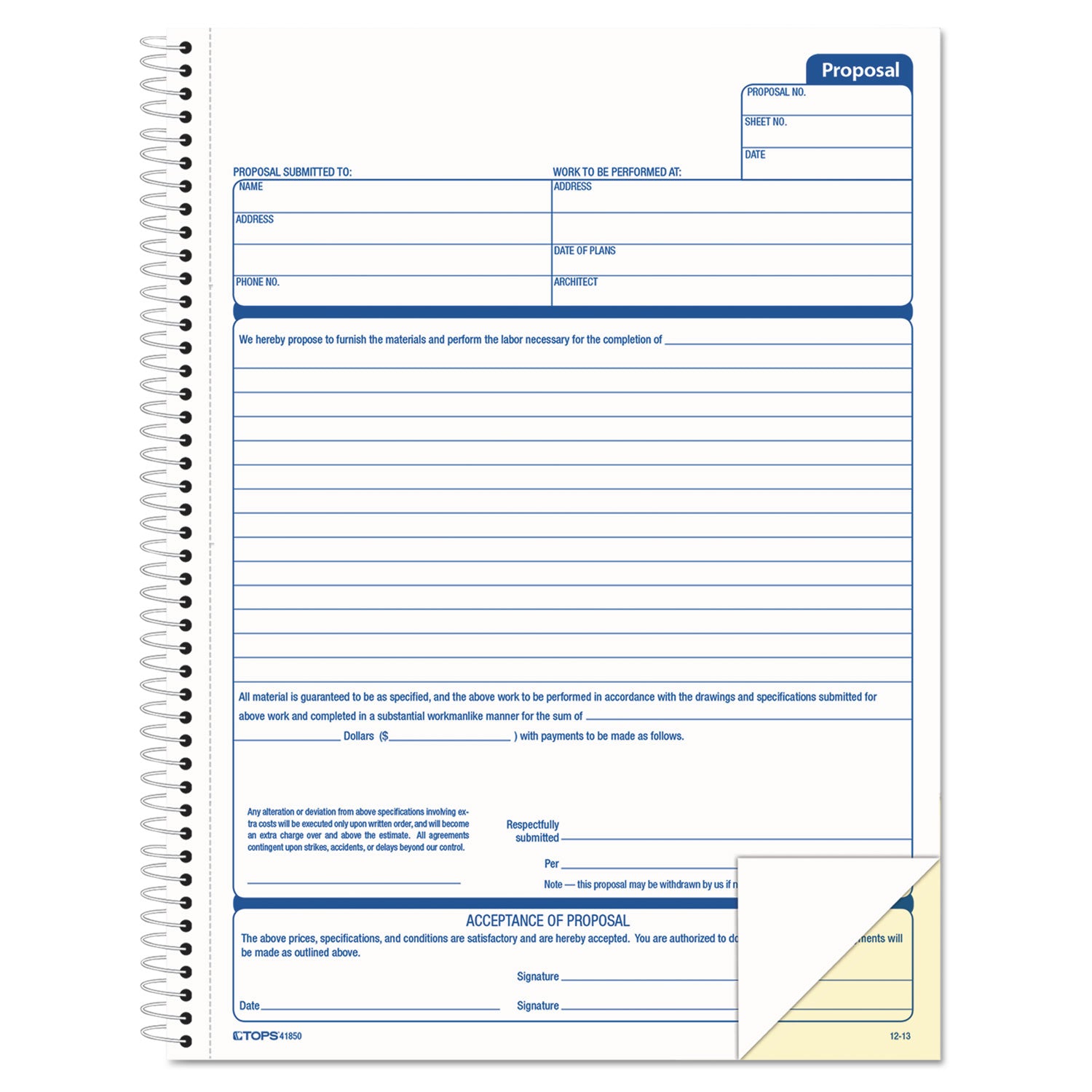 Spiralbound Proposal Form Book, Two-Part Carbonless, 11 x 8.5, 50 Forms Total