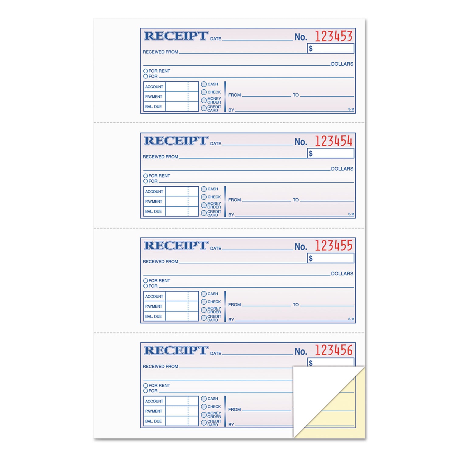 Money and Rent Receipt Books, Account + Payment Sections, Two-Part Carbonless, 7.13 x 2.75, 4 Forms/Sheet, 400 Forms Total