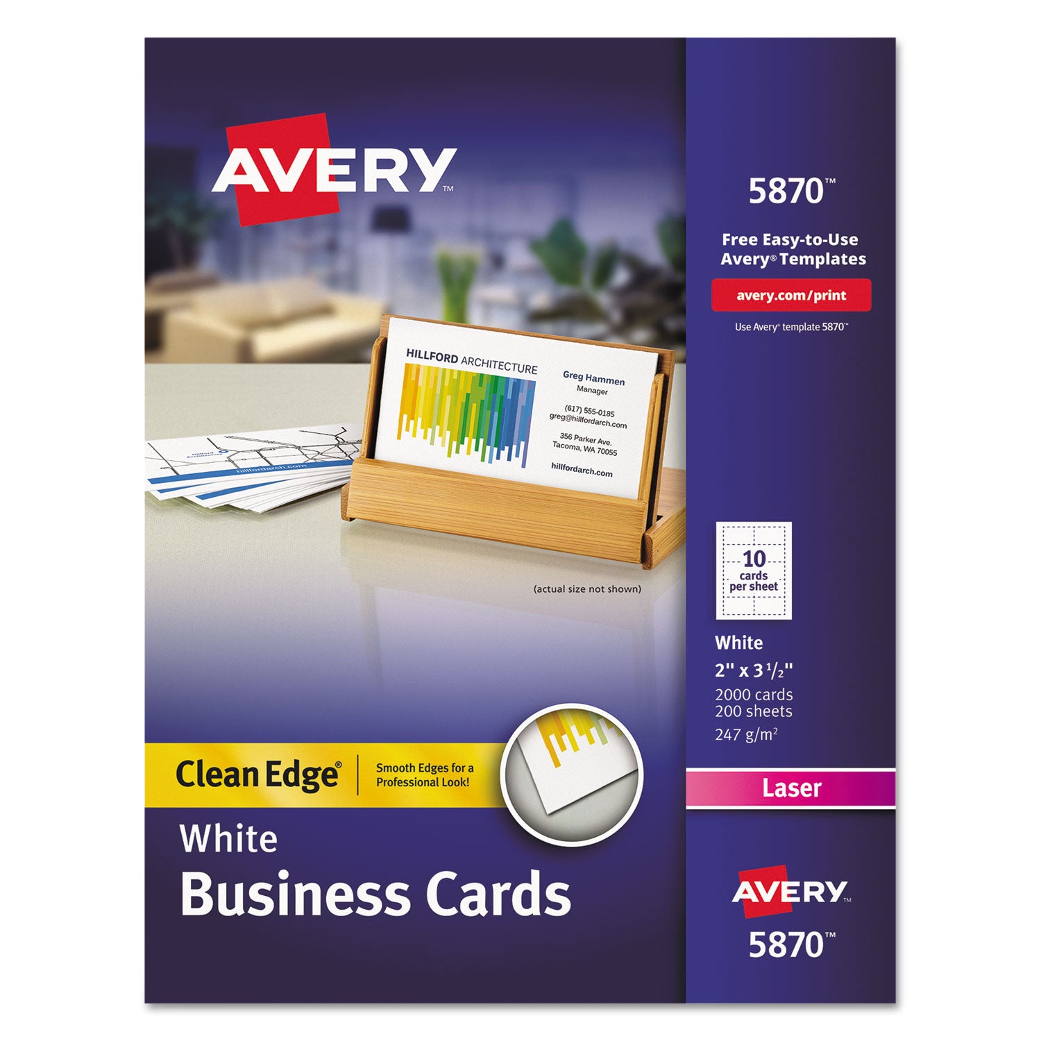 Clean Edge Business Card Value Pack, Laser, 2 x 3.5, White, 2,000 Cards, 10 Cards/Sheet, 200 Sheets/Box