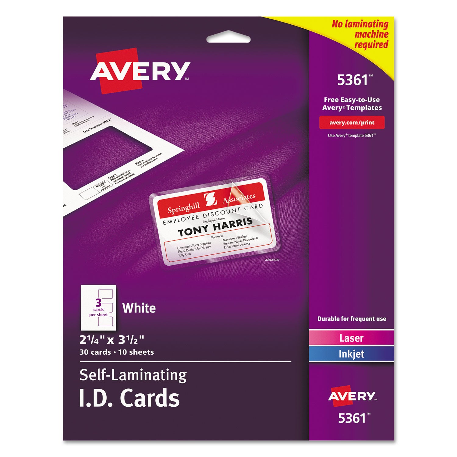 Laminated Laser/Inkjet ID Cards, 2 1/4 x 3 1/2, White, 30/Box