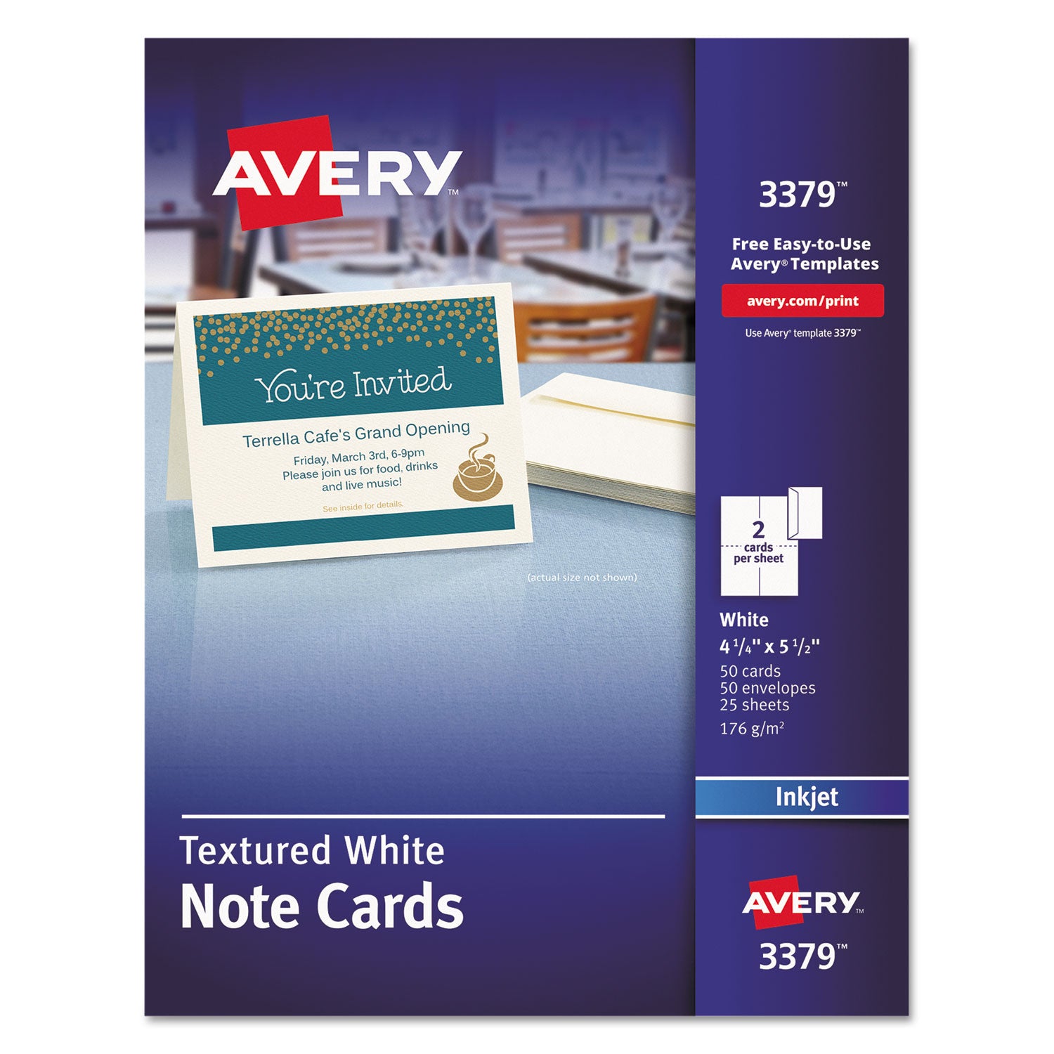 Note Cards with Matching Envelopes, Inkjet, 65lb, 4.25 x 5.5, Textured Uncoated White, 50 Cards, 2 Cards/Sheet, 25 Sheets/Box