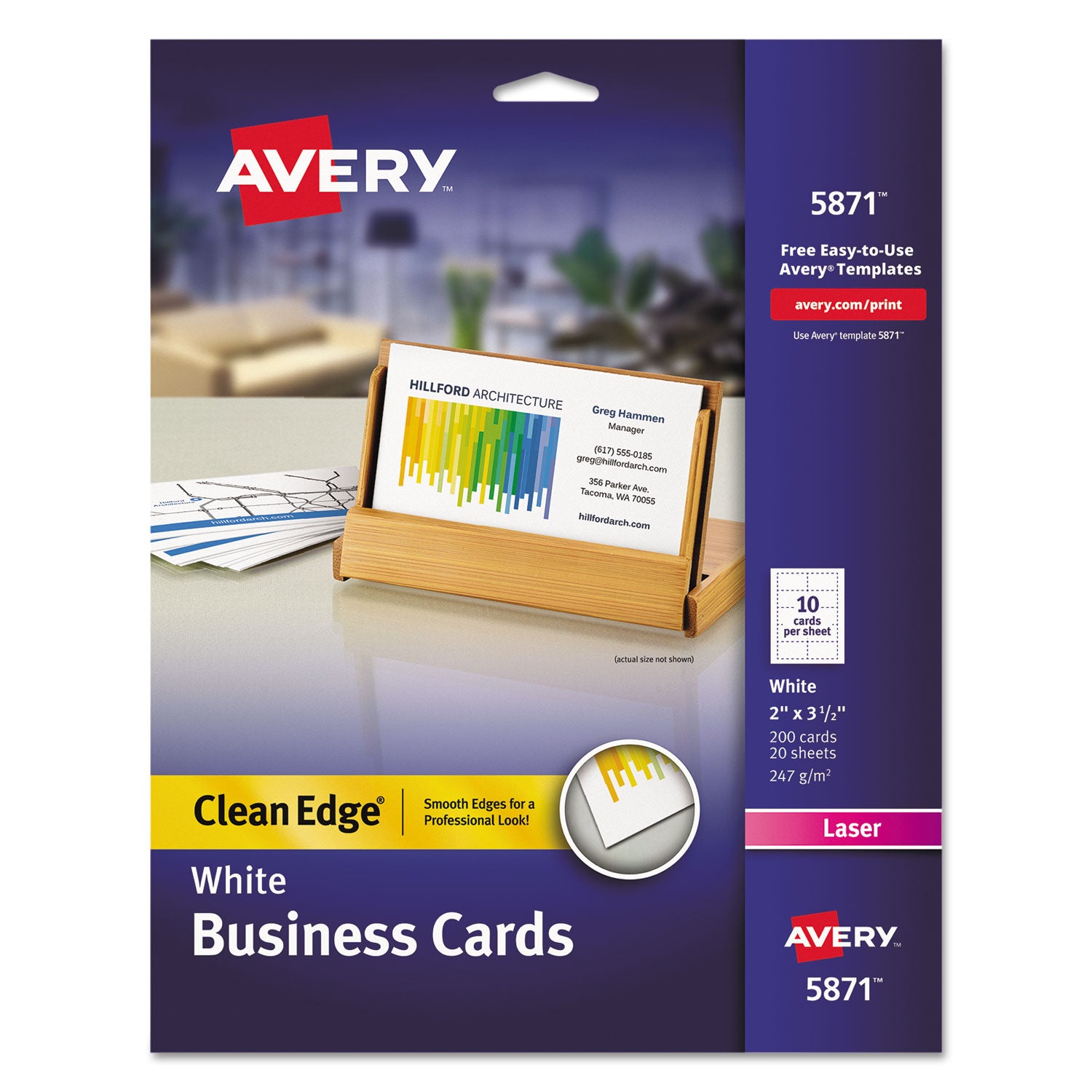 Clean Edge Business Cards, Laser, 2 x 3.5, White, 200 Cards, 10 Cards/Sheet, 20 Sheets/Pack