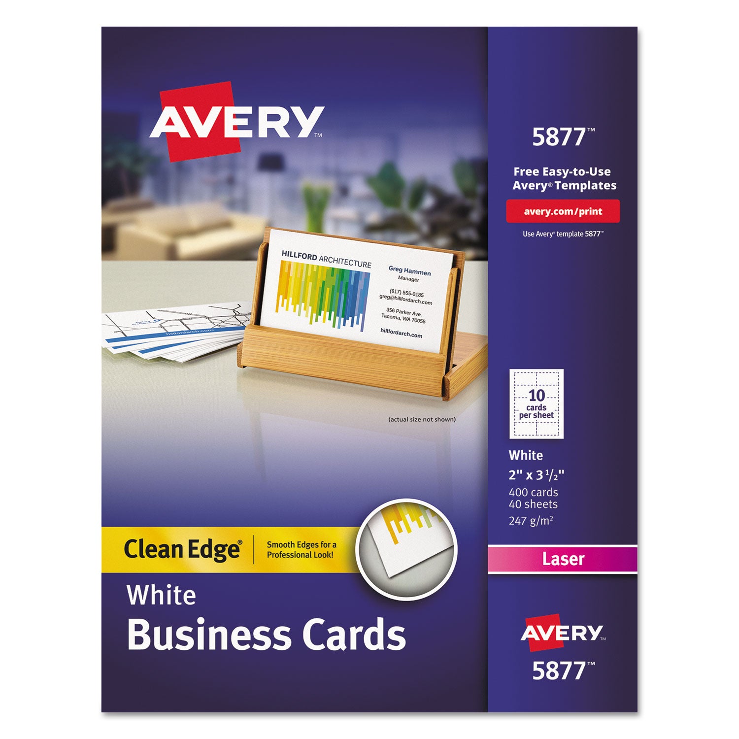 Clean Edge Business Cards, Laser, 2 x 3.5, White, 400 Cards, 10 Cards/Sheet, 40 Sheets/Box