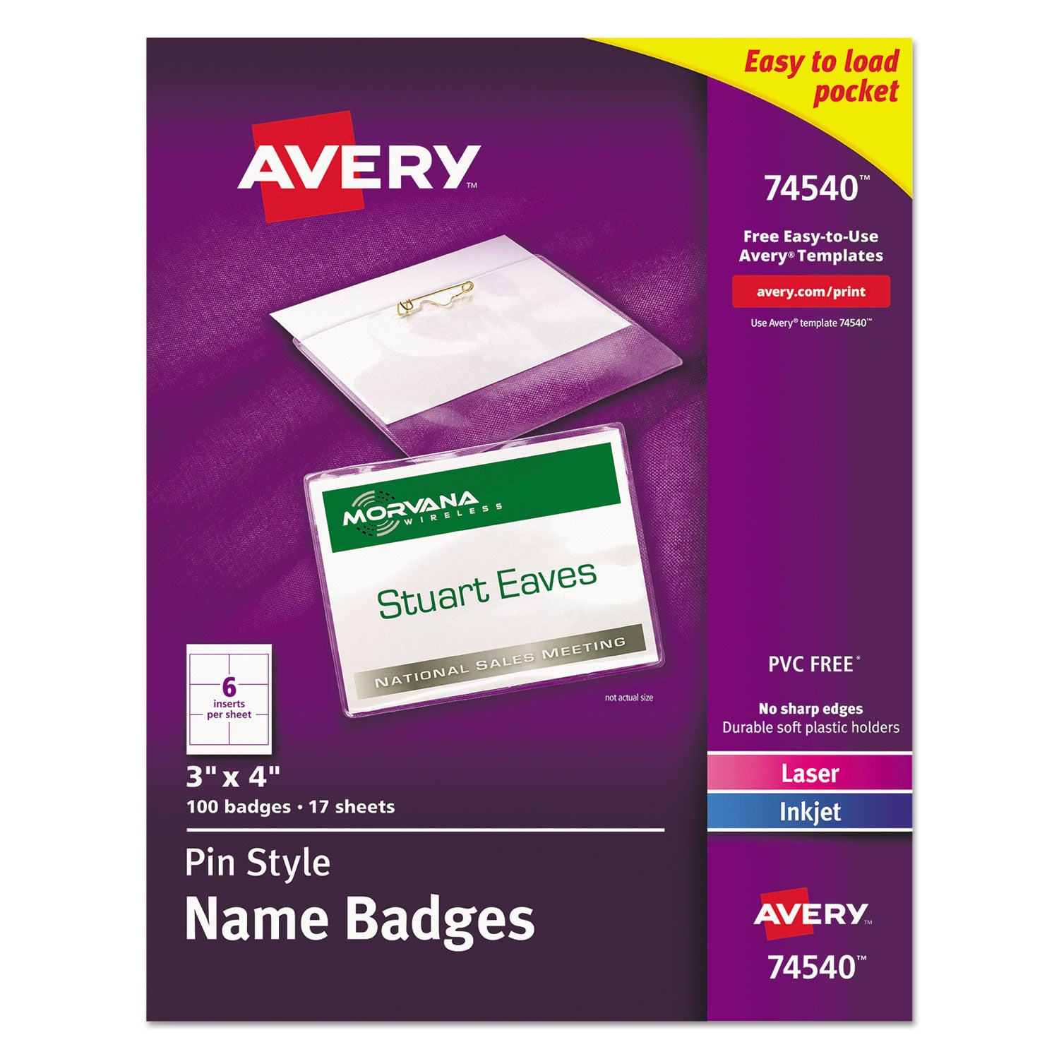 Pin-Style Badge Holder with Laser/Inkjet Insert, Top Load, 4 x 3, White, 100/Box