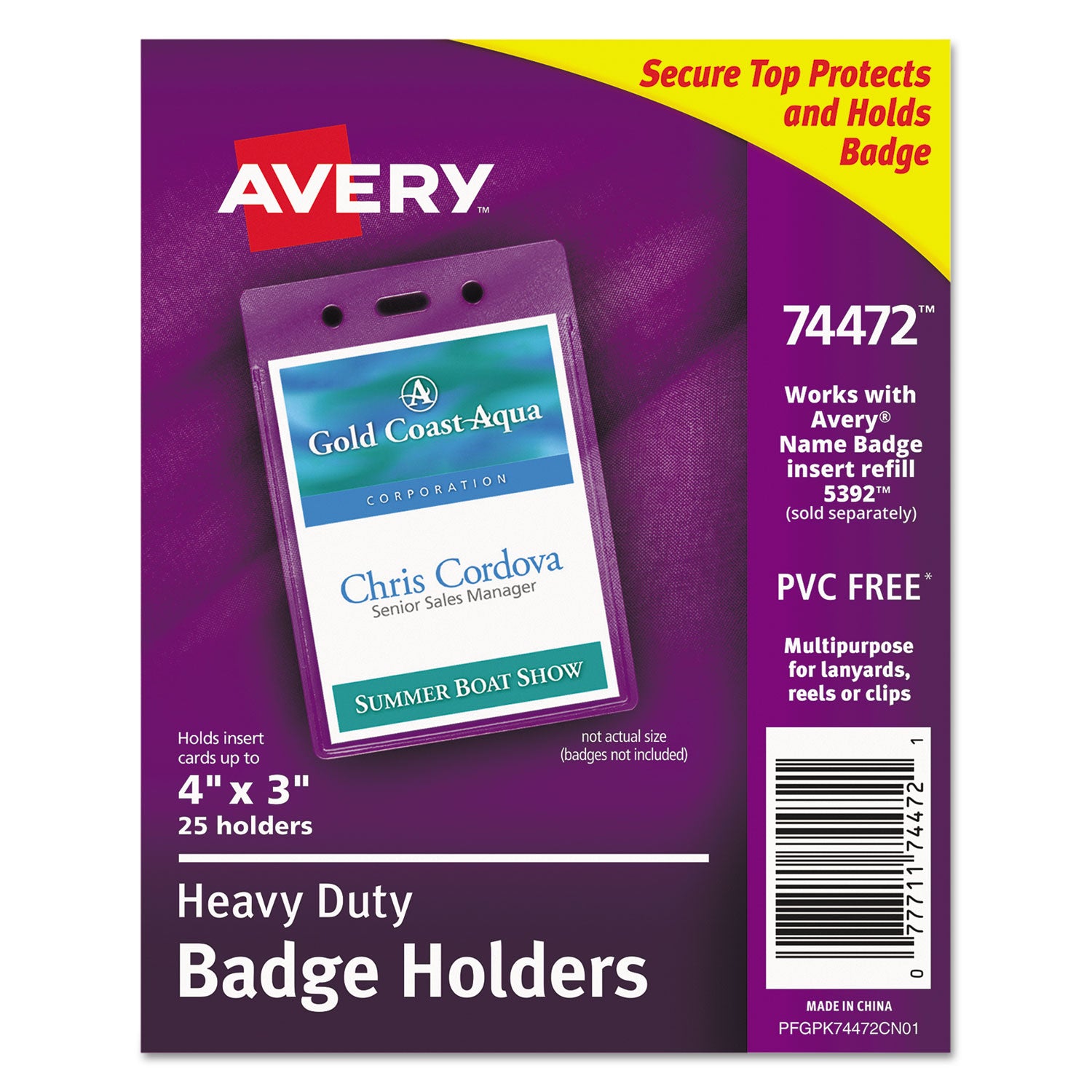 Secure Top Heavy-Duty Badge Holders, Vertical, 3w x 4h, Clear, 25/Pack