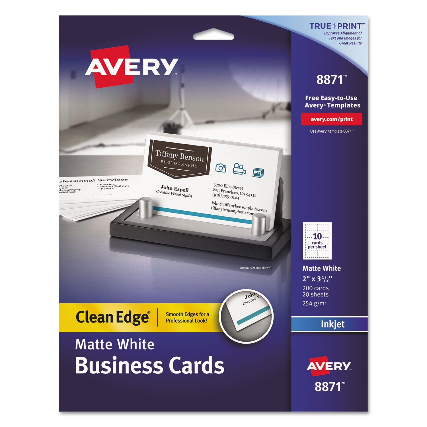 True Print Clean Edge Business Cards, Inkjet, 2 x 3.5, White, 200 Cards, 10 Cards/Sheet, 20 Sheets/Pack