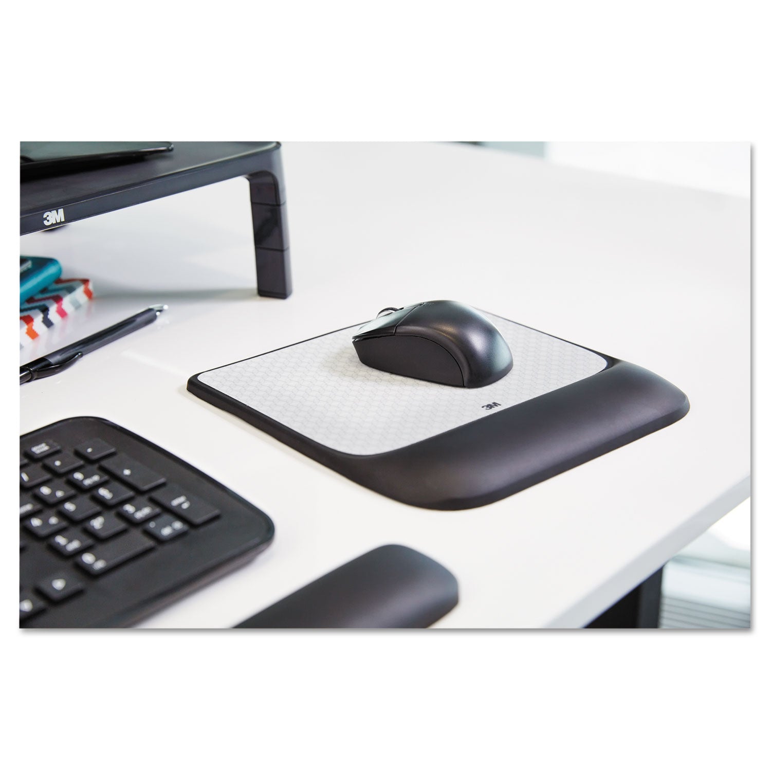 3M™ Mouse Pad with Precise Mousing Surface and Gel Wrist Rest, 8.5 x 9, Gray/Black