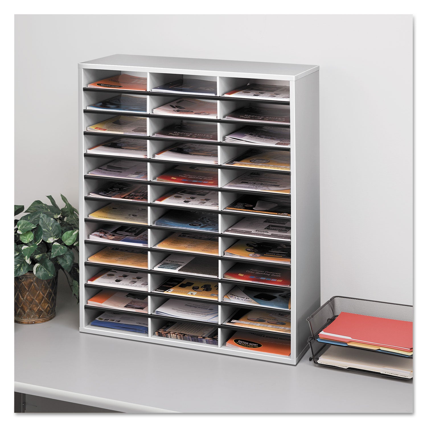 Fellowes® Literature Organizer, 36 Letter Compartments, 29 x 11.88 x 34.69, Dove Gray