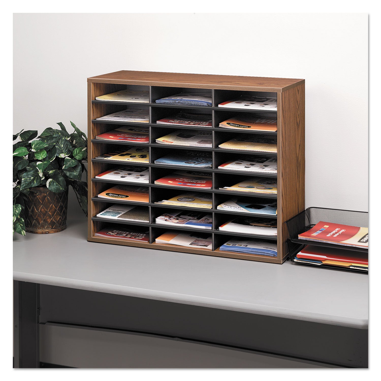 Fellowes® Literature Organizer, 24 Letter Compartments, 29 x 11.88 x 23.44, Medium Oak