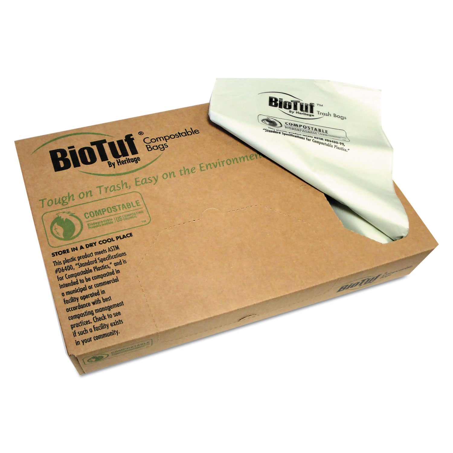 Biotuf Compostable Can Liners, 30 gal, 0.88 mil, 30" x 39", Green, 25 Bags/Roll, 6 Rolls/Carton