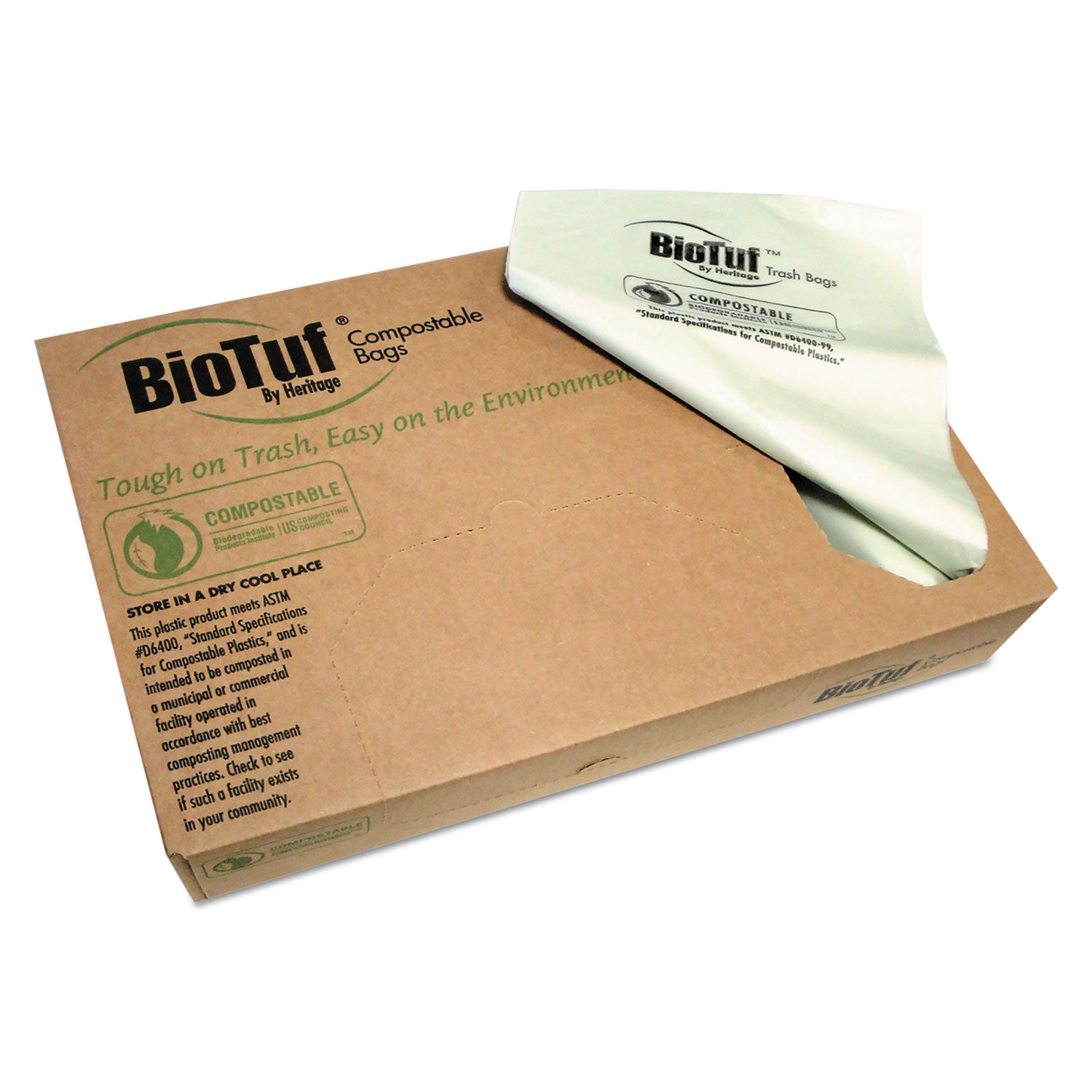 Biotuf Compostable Can Liners, 45 gal, 0.9 mil, 40" x 46", Green, 25 Bags/Roll, 5 Rolls/Carton