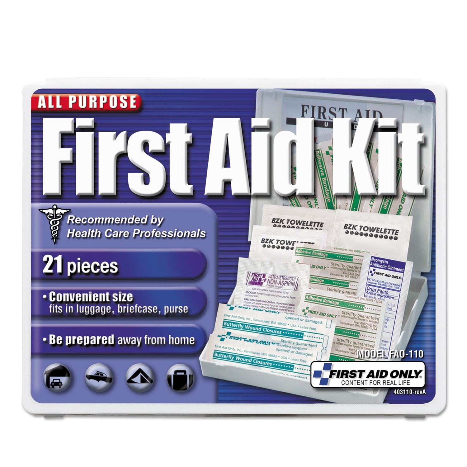 All-Purpose First Aid Kit, 21 Pieces, 4.75 x 3, Plastic Case