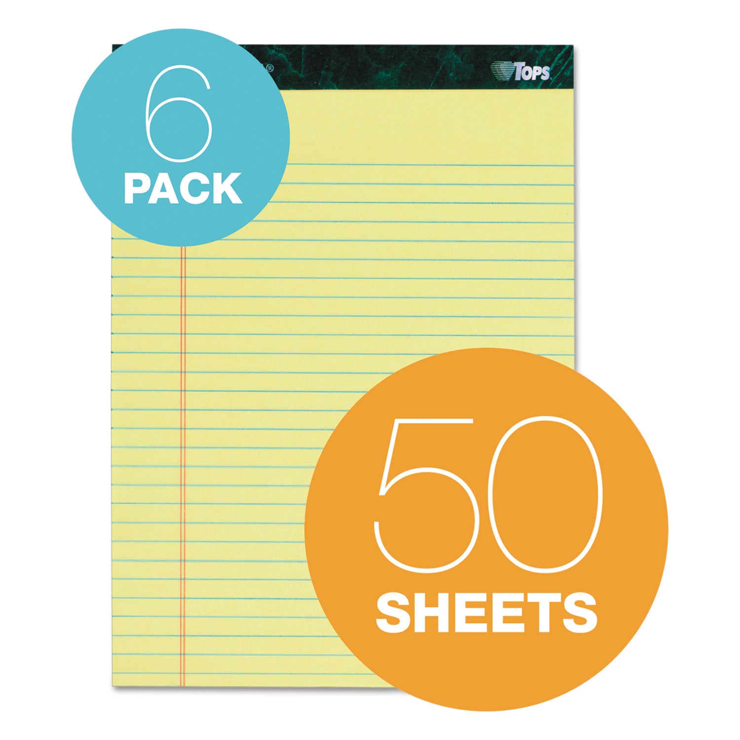 TOPS™ Docket Ruled Perforated Pads, Wide/Legal Rule, 50 Canary-Yellow 8.5 x 11.75 Sheets, 6/Pack