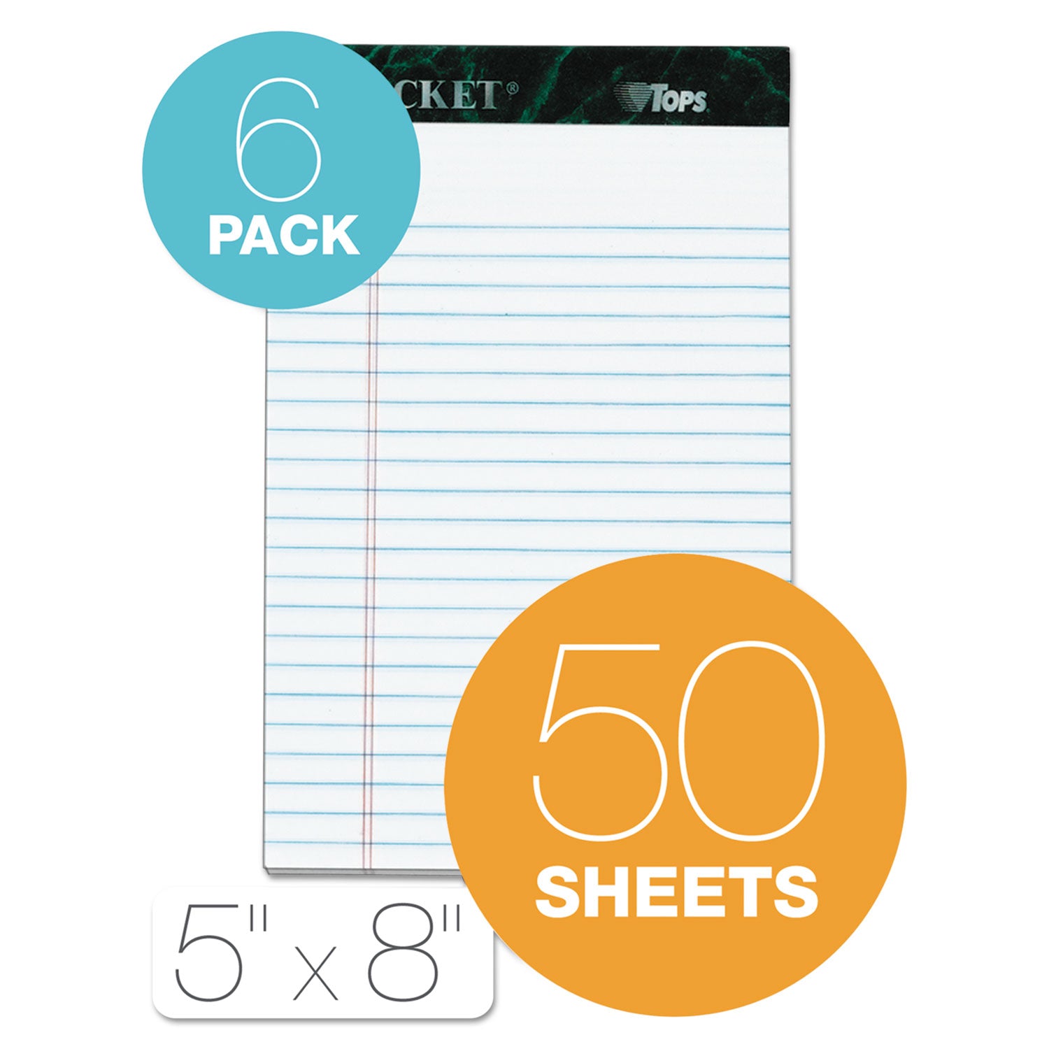 TOPS™ Docket Ruled Perforated Pads, Narrow Rule, 50 White 5 x 8 Sheets, 6/Pack