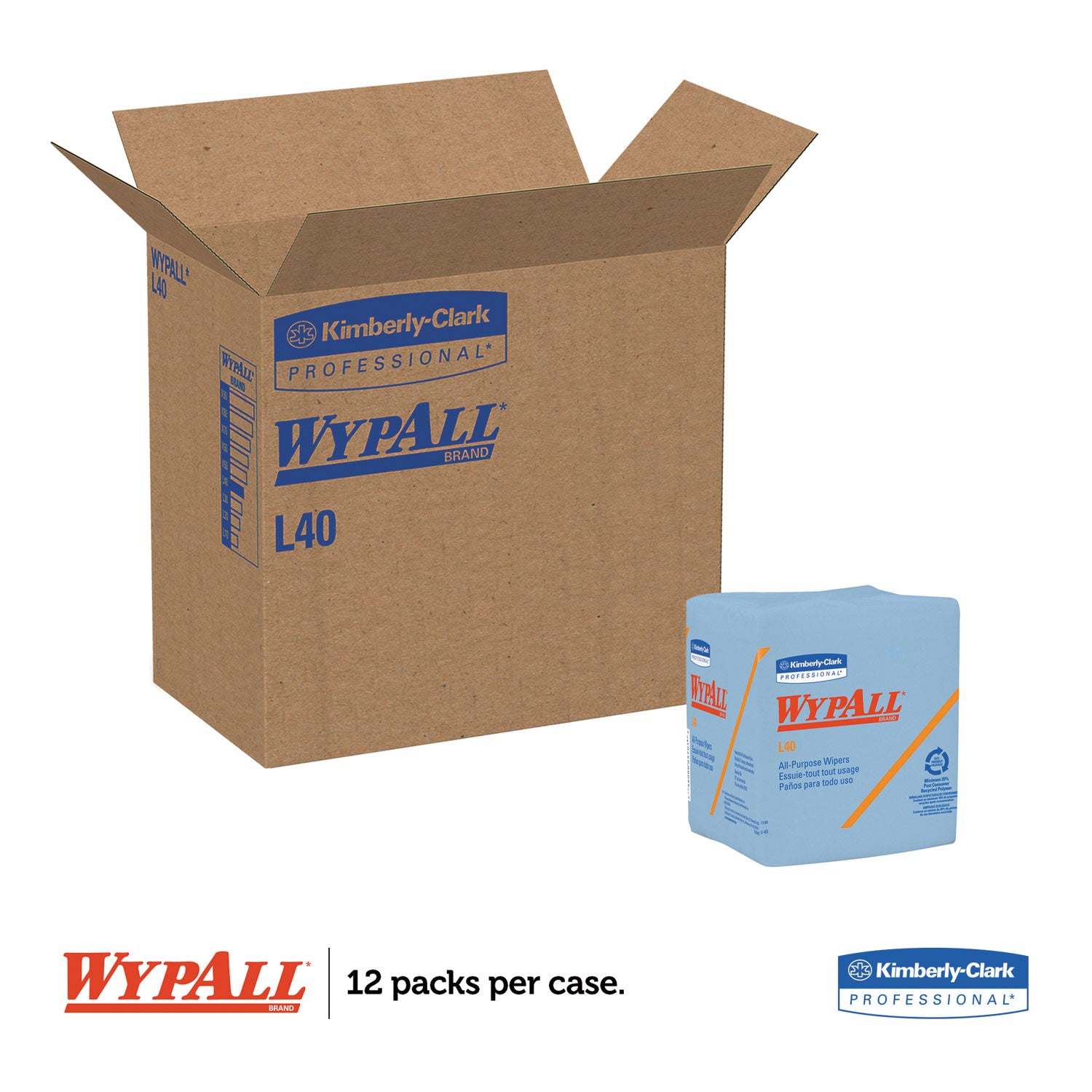 WypAll® L40 Wiper, 1/4 Fold, Blue, 12.5 x 12, 56/Box, 12 Boxes/Carton