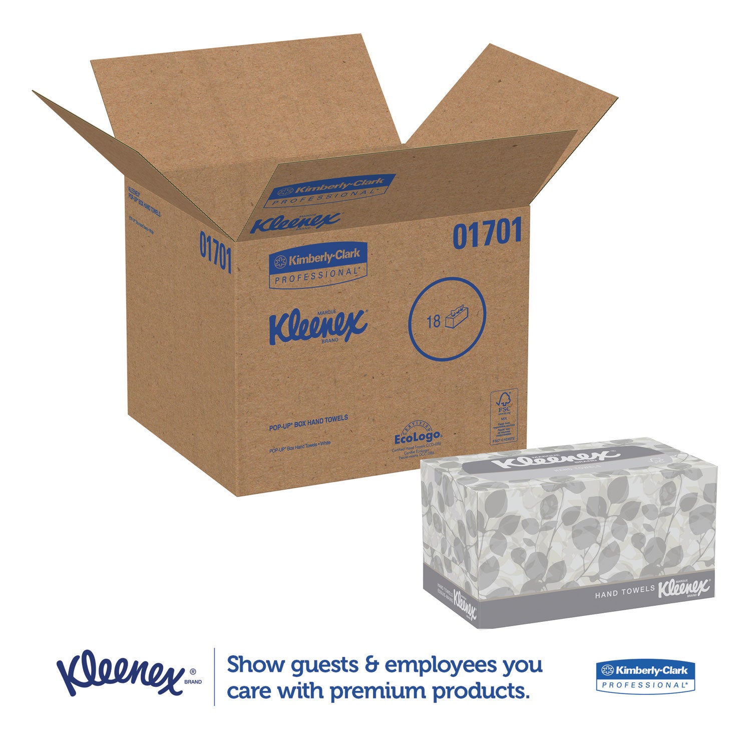 Kleenex® Hand Towels, POP-UP Box, Cloth, 1-Ply, 9 x 10.5, Unscented, White, 120/Box, 18 Boxes/Carton