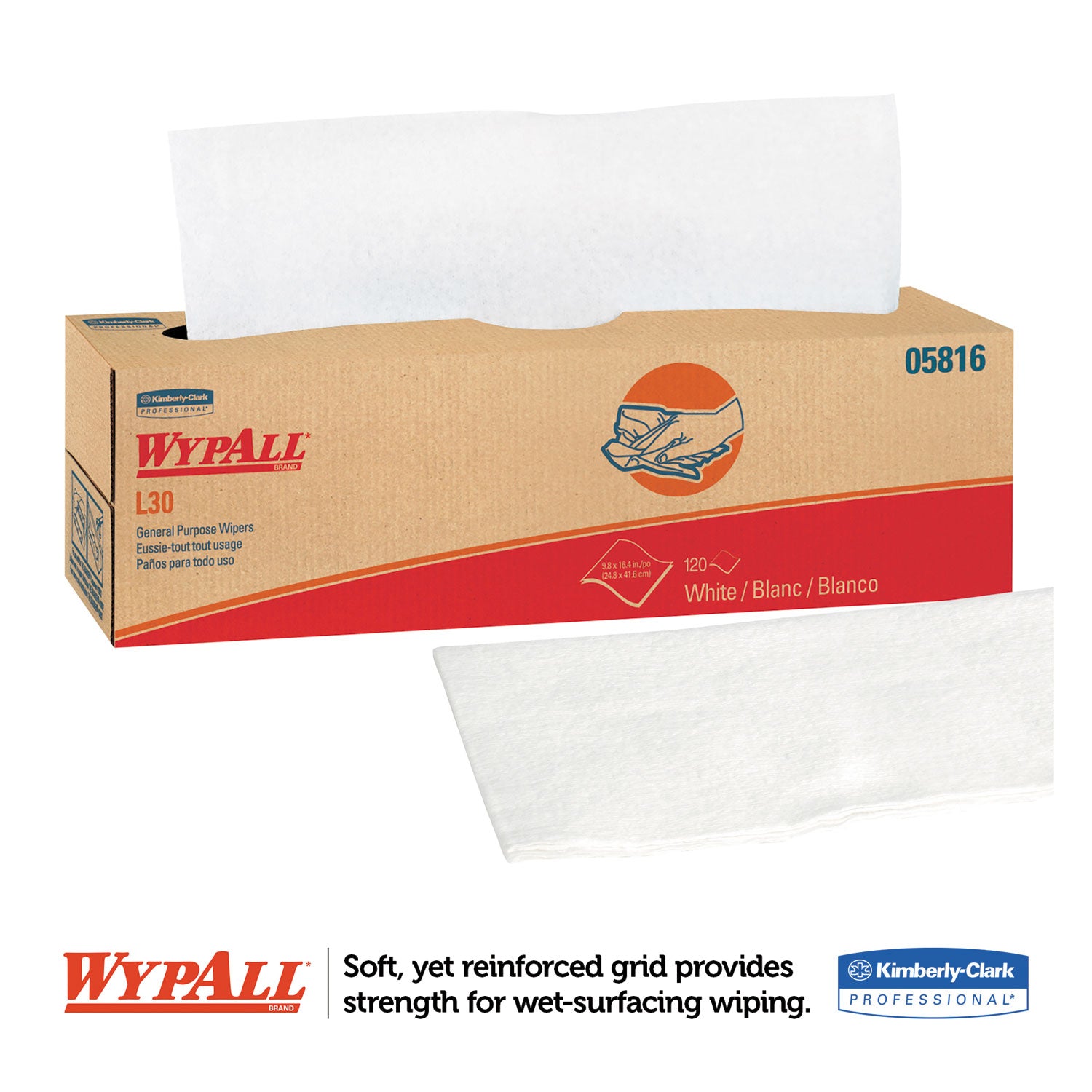 WypAll® L30 Towels, POP-UP Box, 9.8 x 16.4, White, 120/Box, 6 Boxes/Carton