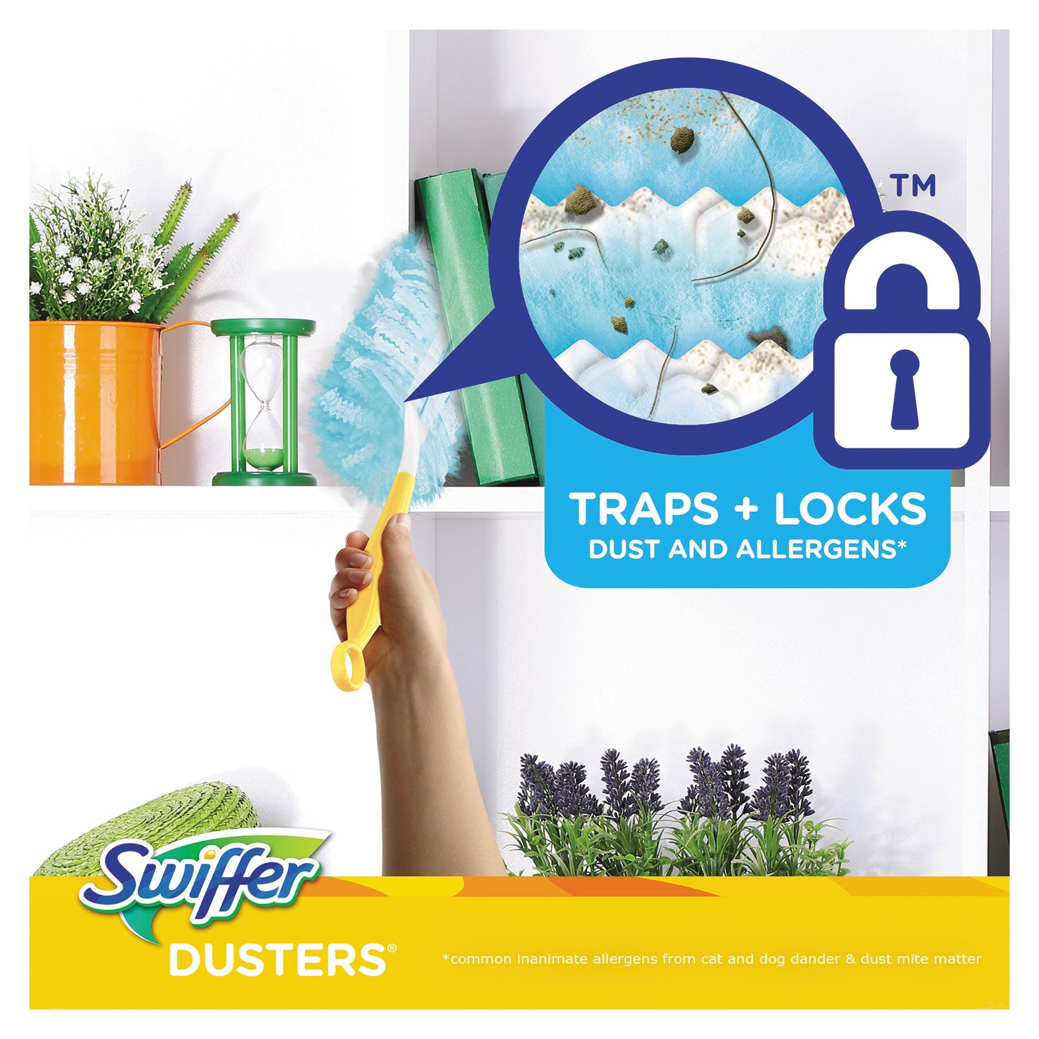 Swiffer® Dusters Starter Kit, Dust Lock Fiber, 6" Handle, Blue/Yellow, 6/Carton