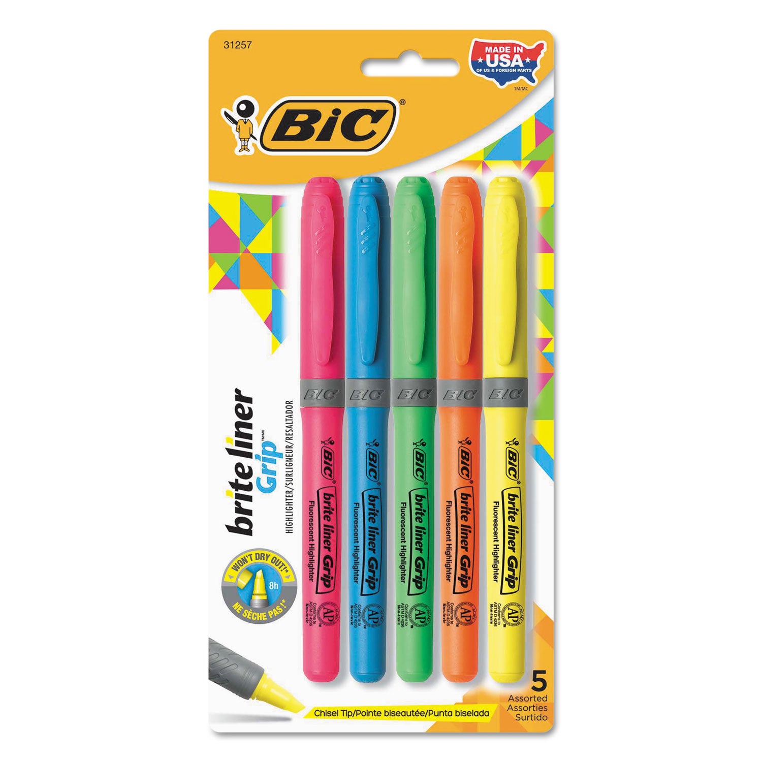 Brite Liner Grip Pocket Highlighter, Assorted Ink Colors, Chisel Tip, Assorted Barrel Colors, 5/Set