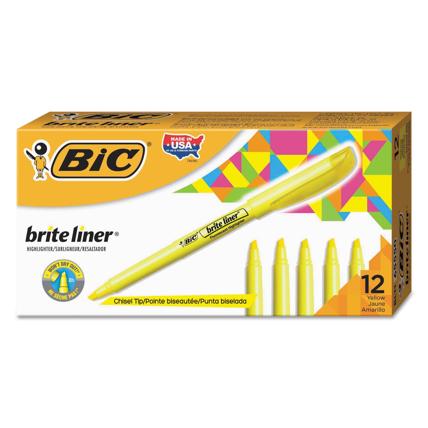 Brite Liner Highlighter, Fluorescent Yellow Ink, Chisel Tip, Yellow/Black Barrel, Dozen