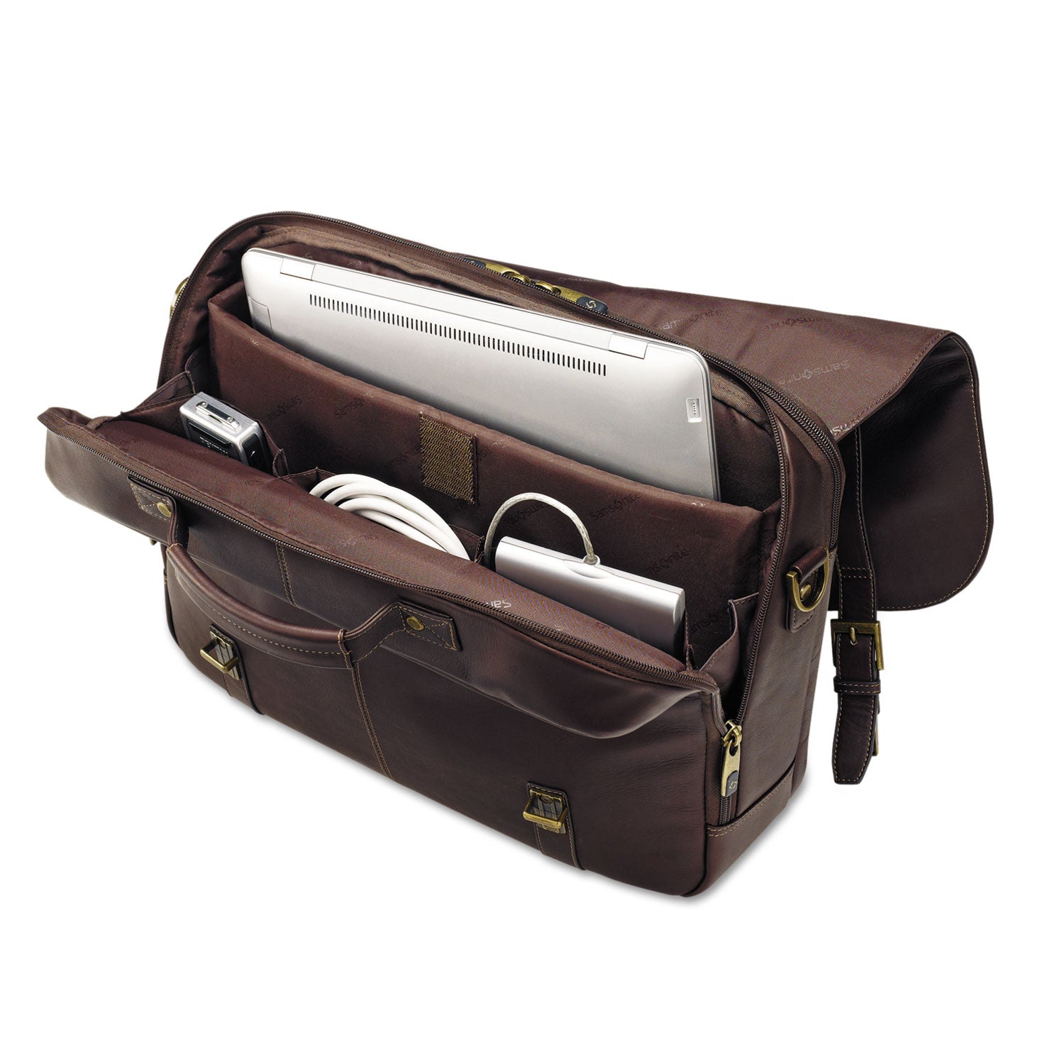 Samsonite® Leather Flapover Case, Fits Devices Up to 15.6", Leather, 16 x 6 x 13, Brown