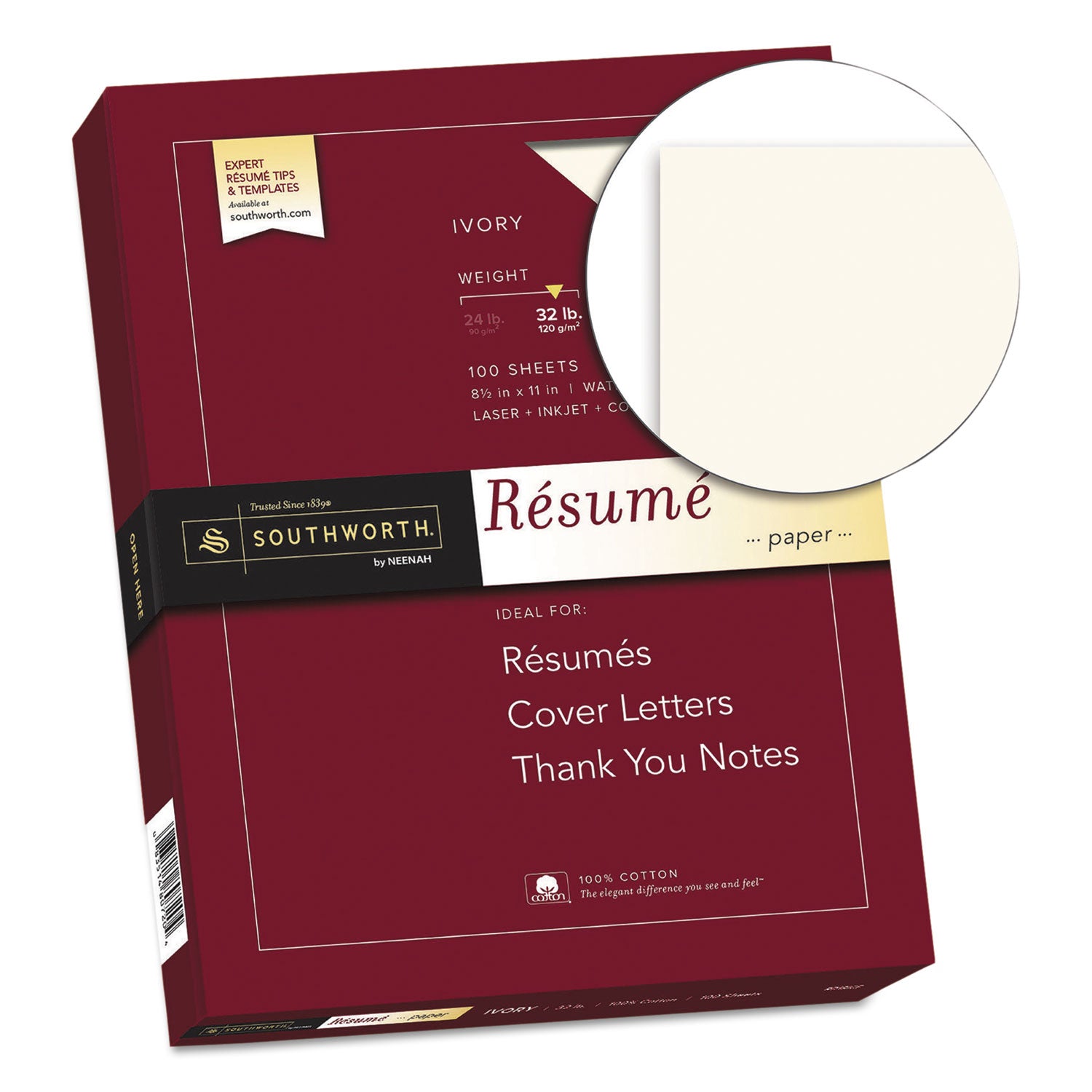 Southworth® 100% Cotton Resume Paper, 32 lb Bond Weight, 8.5 x 11, Ivory, 100/Pack