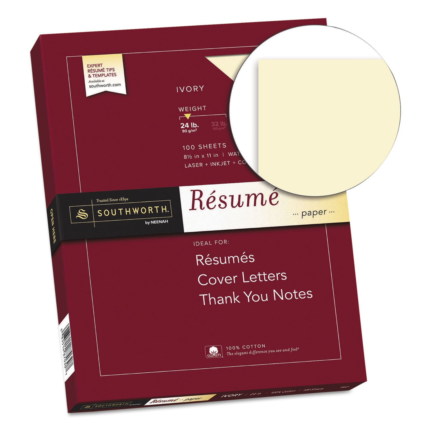 Southworth® 100% Cotton Resume Paper, 24 lb Bond Weight, 8.5 x 11, Ivory, 100/Pack