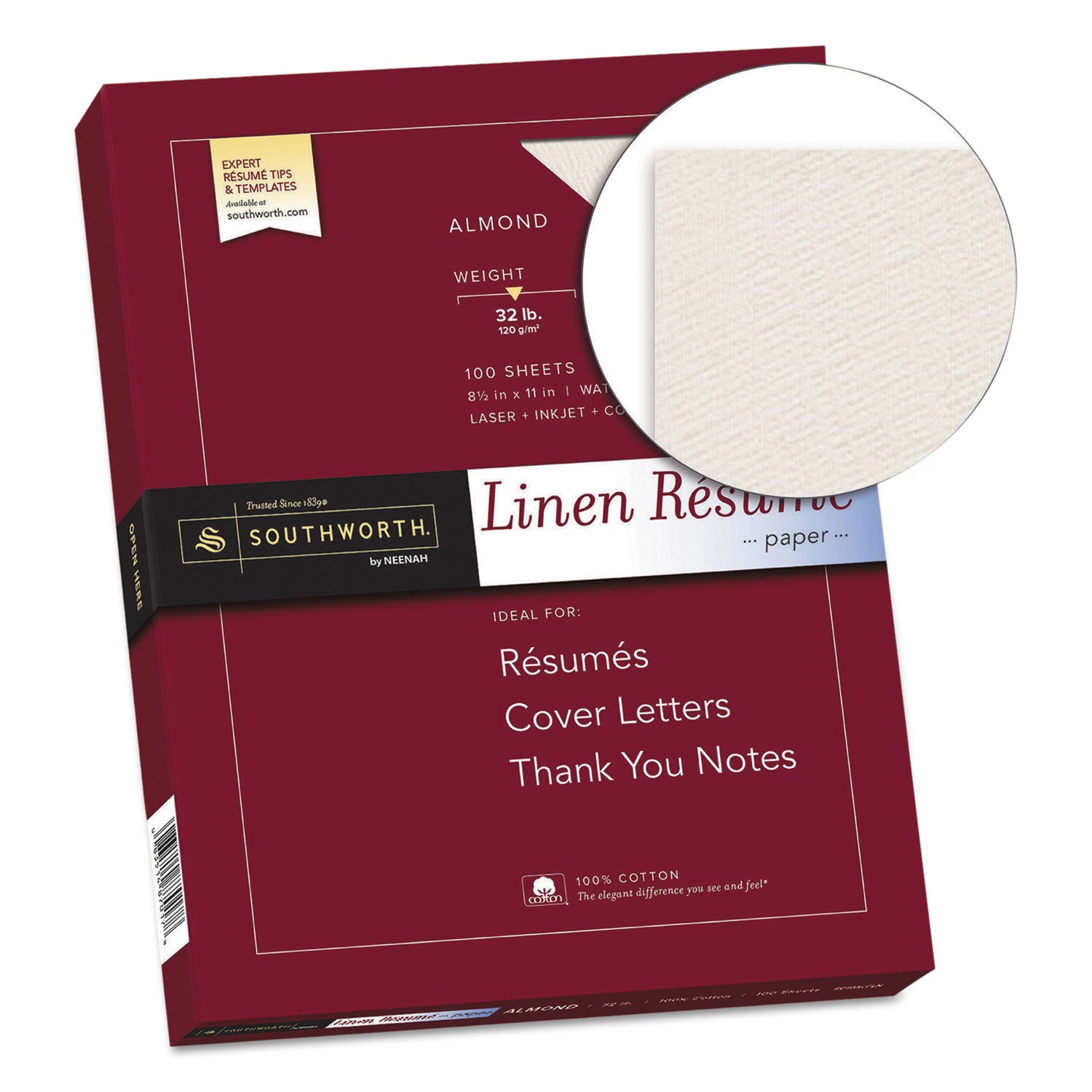 Southworth® 100% Cotton Premium Weight Linen Resume Paper, 32 lb Bond Weight, 8.5 x 11, Almond, 100/Pack