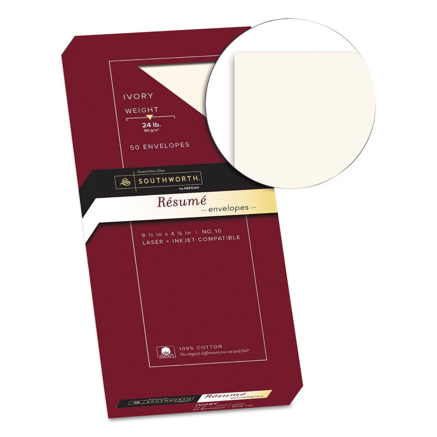 Southworth® 100% Cotton Resume Envelope, #10, Commercial Flap, Gummed Closure, 4.13 x 9.5, Ivory, 50/Box