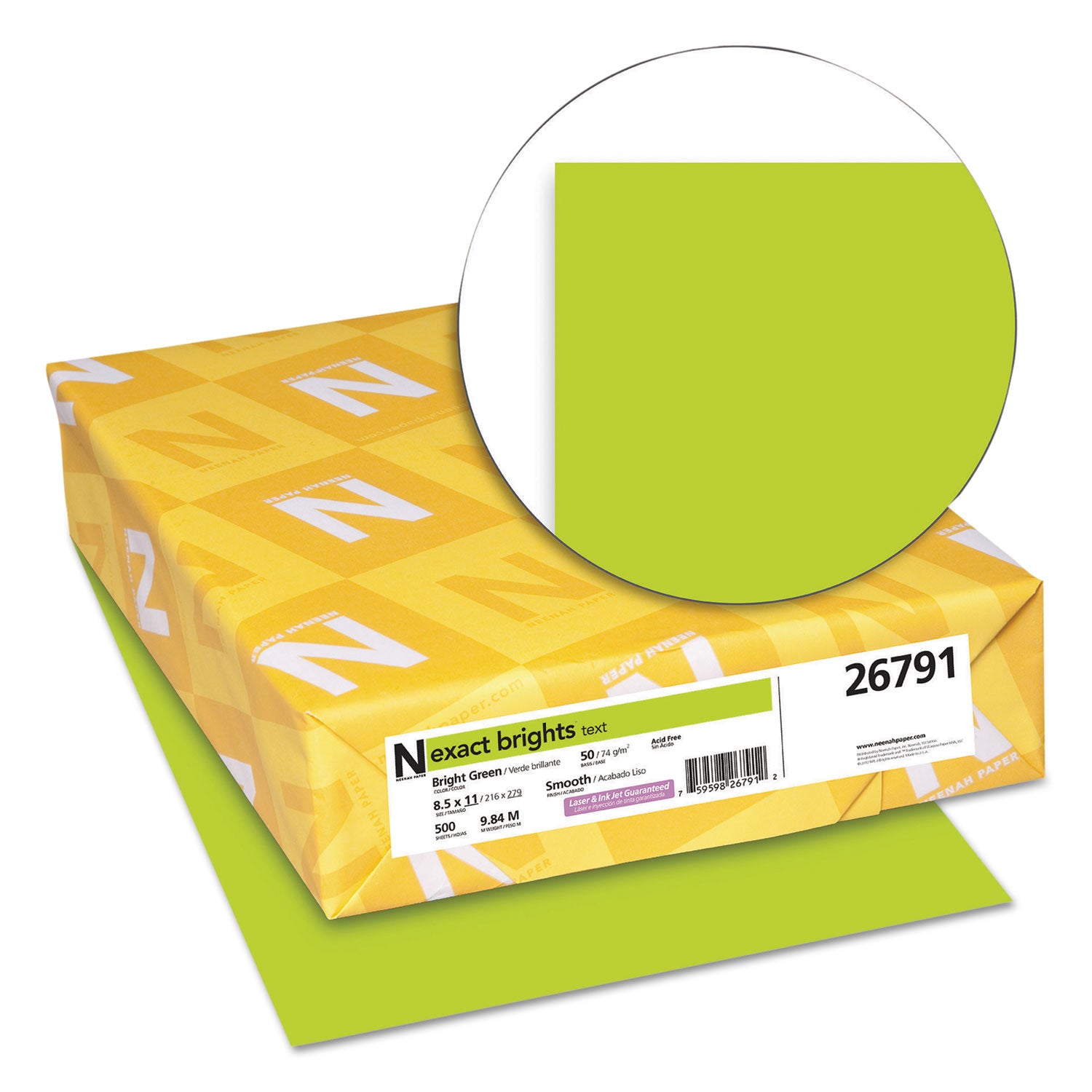 Neenah Paper Exact Brights Paper, 20 lb Bond Weight, 8.5 x 11, Bright Green, 500/Ream