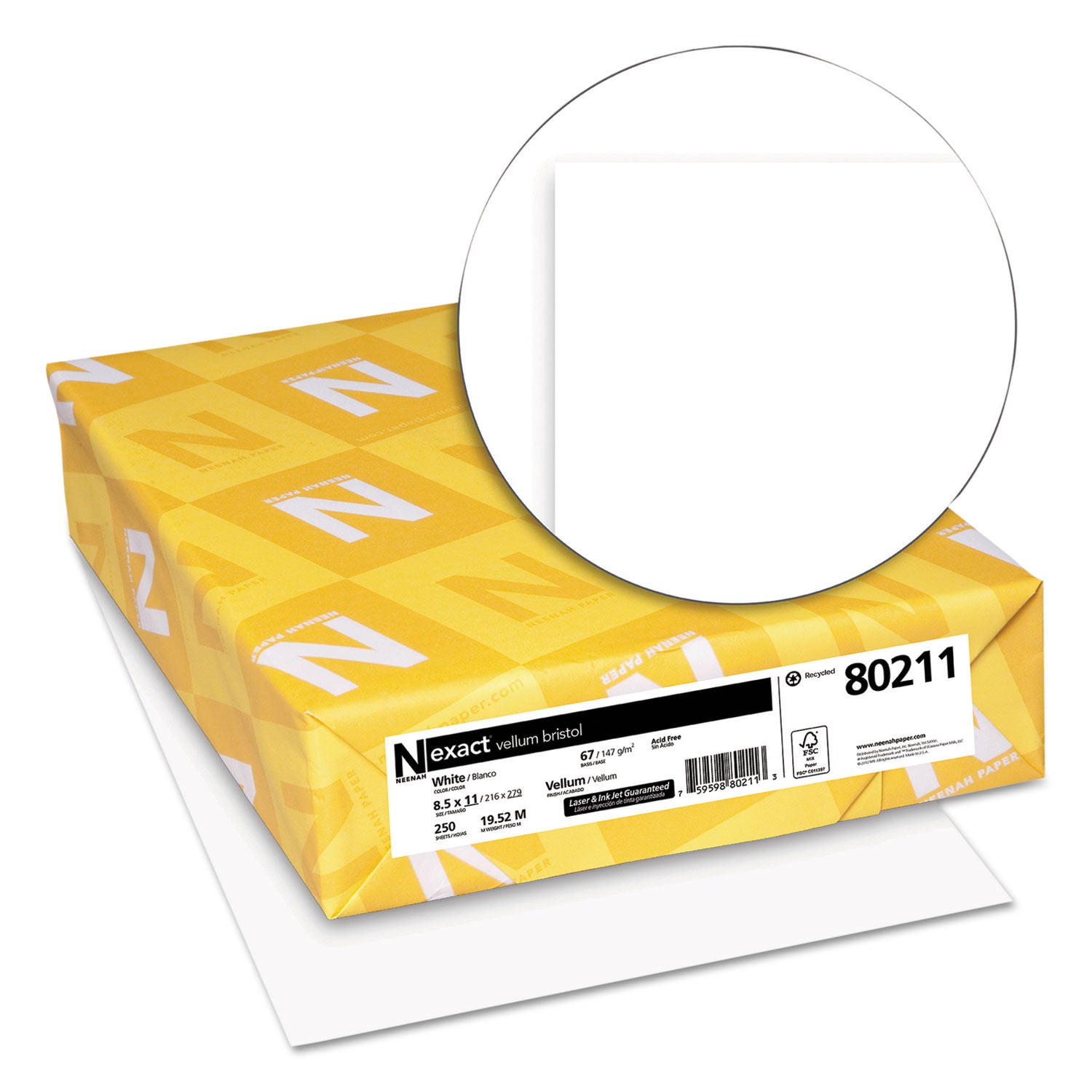 Neenah Paper Exact Vellum Bristol Cover Stock, 94 Bright, 67 lb Bristol Weight, 8.5 x 11, White, 250/Pack