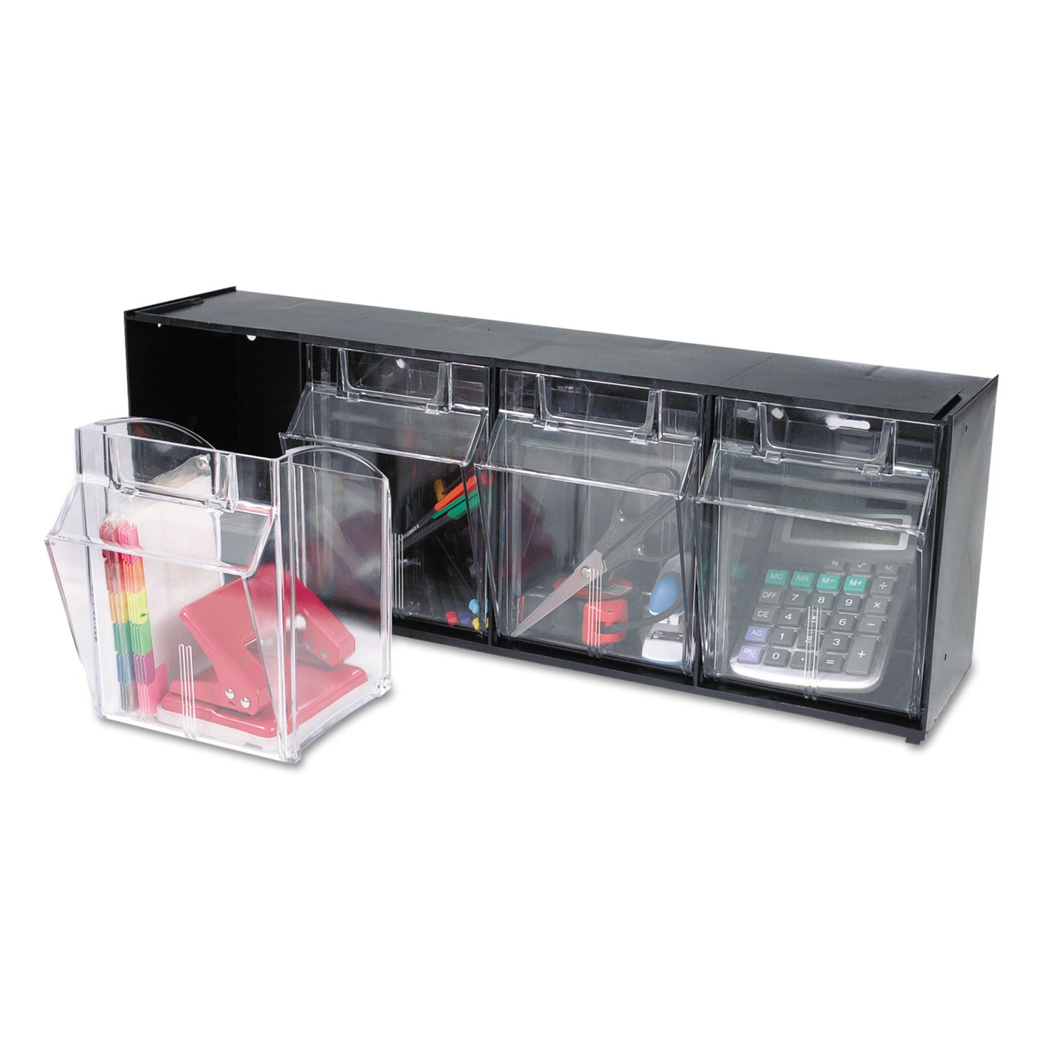 deflecto® Tilt Bin Interlocking Multi-Bin Storage Organizer, 4 Sections, 23.63" x 6.63" x 8.13", Black/Clear