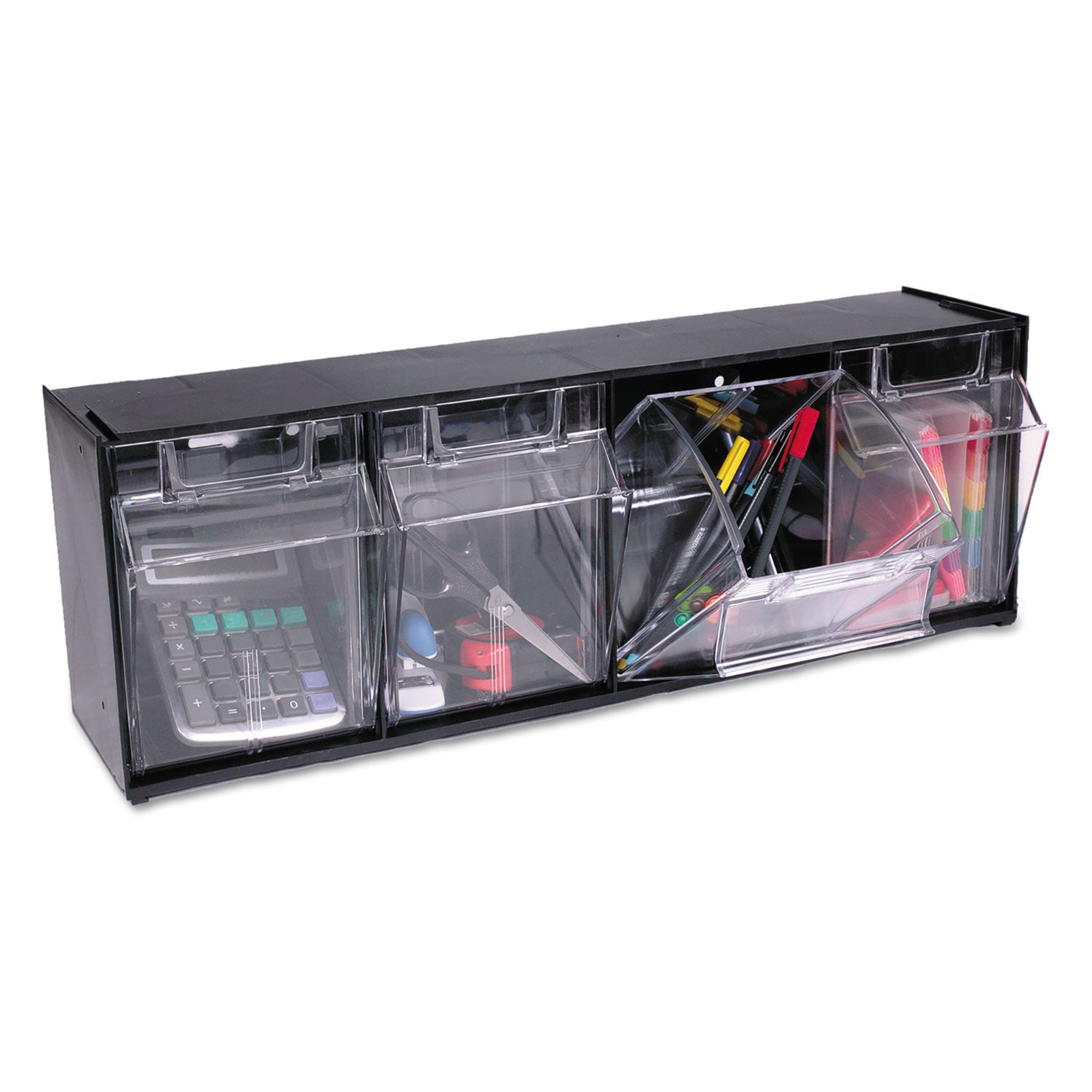 deflecto® Tilt Bin Interlocking Multi-Bin Storage Organizer, 4 Sections, 23.63" x 6.63" x 8.13", Black/Clear