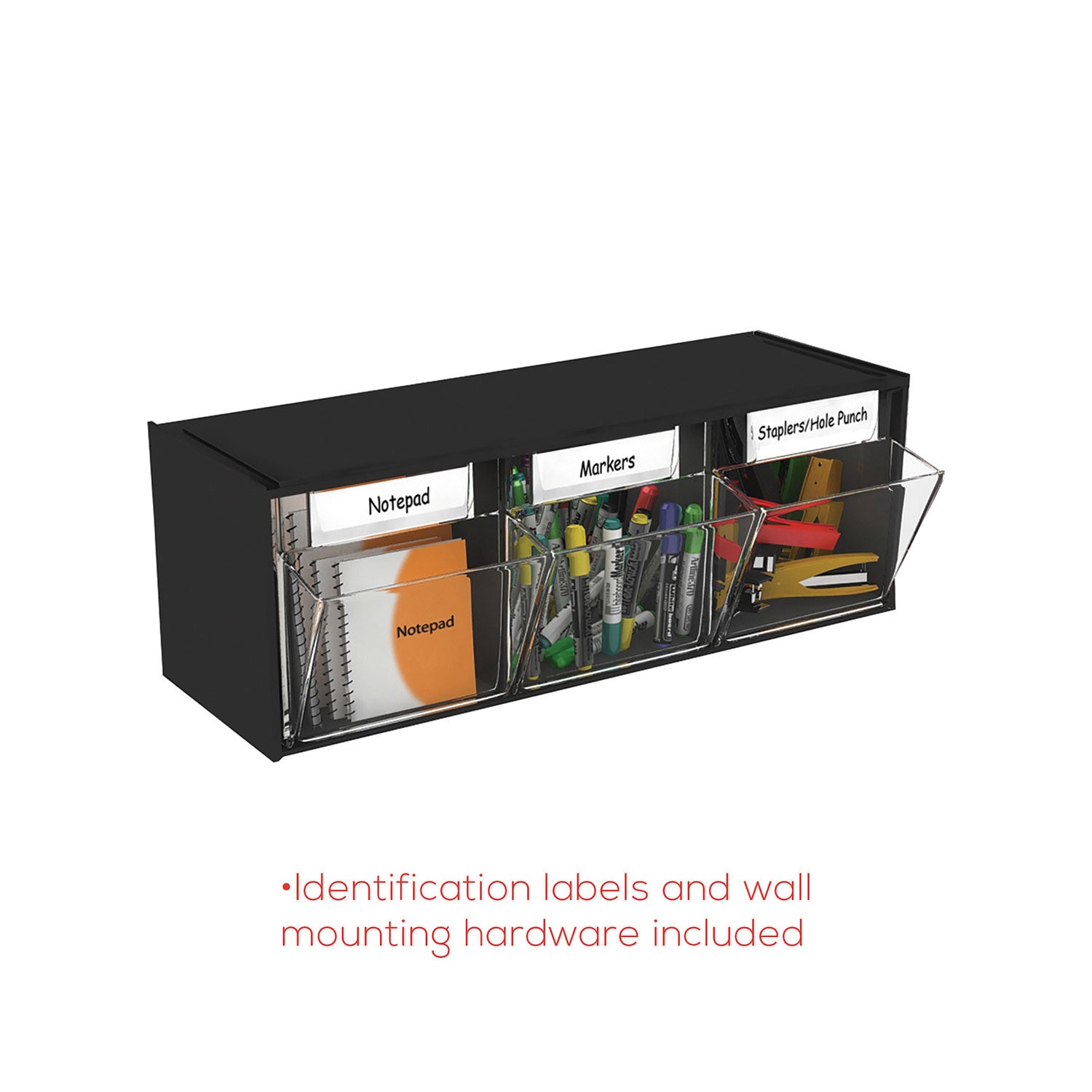 deflecto® Tilt Bin Interlocking Multi-Bin Storage Organizer, 3 Sections, 23.63" x 7.75" x 9.5", Black/Clear