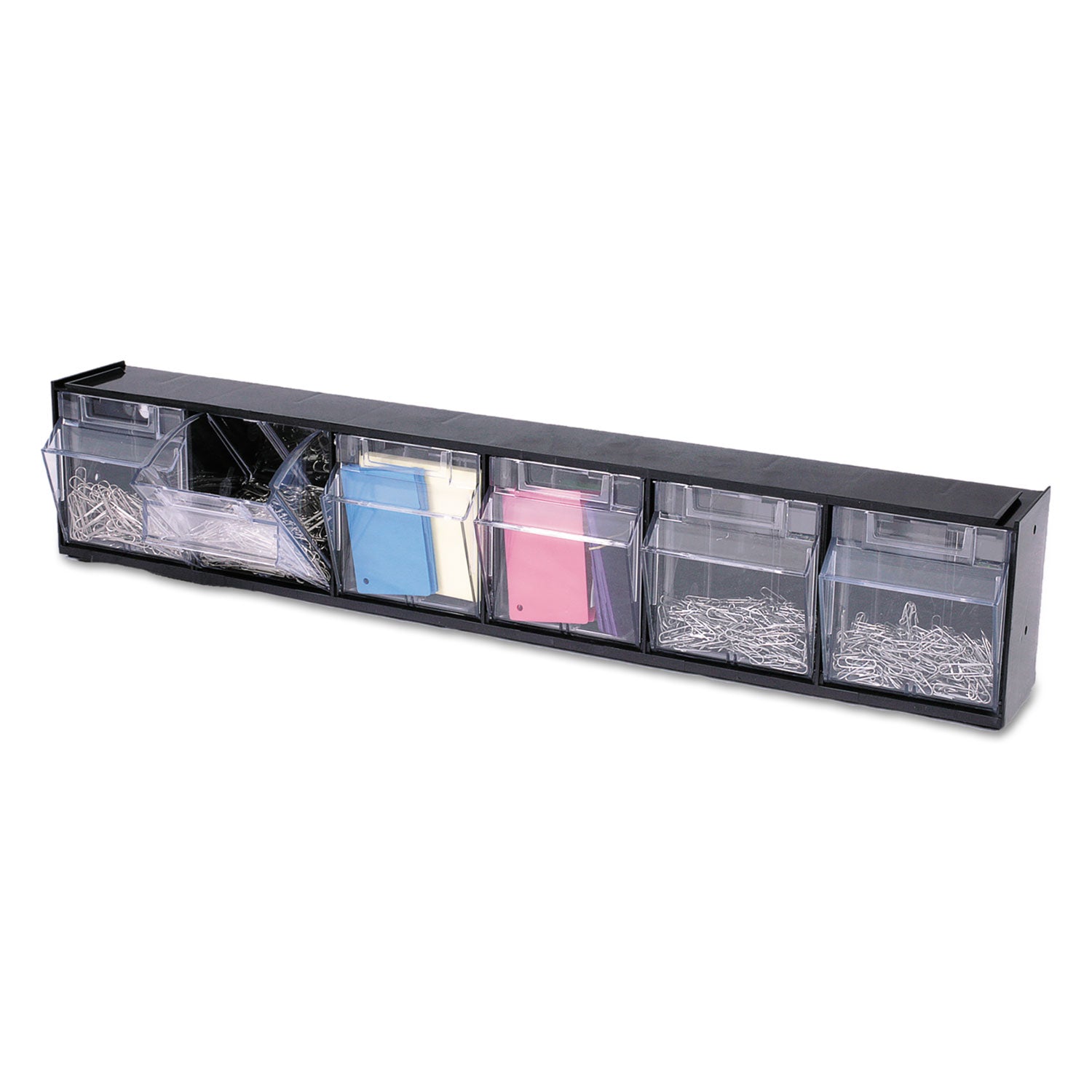 deflecto® Tilt Bin Interlocking Multi-Bin Storage Organizer, 6 Sections, 23.63" x 3.63" x 4.5", Black/Clear