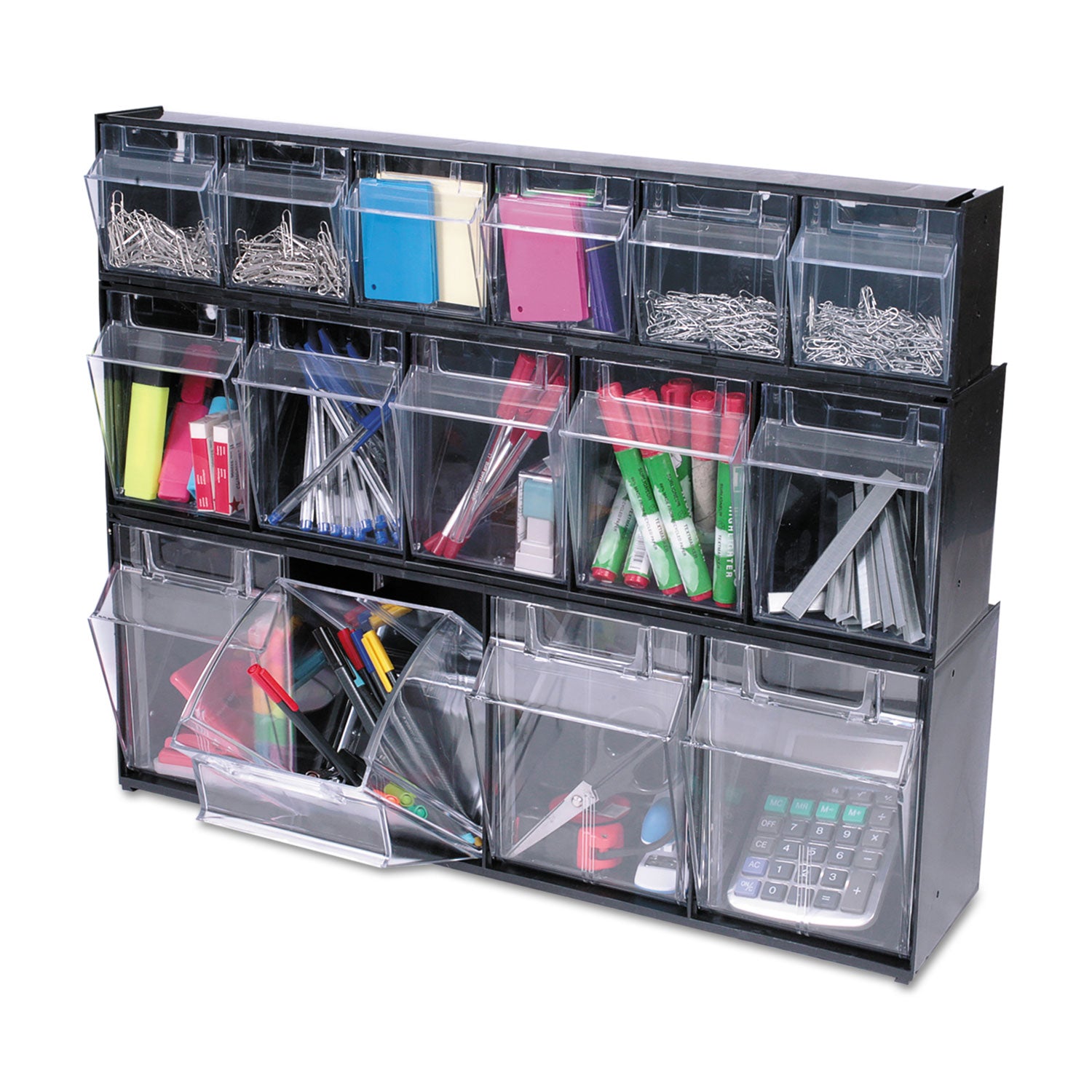 deflecto® Tilt Bin Interlocking Multi-Bin Storage Organizer, 4 Sections, 23.63" x 6.63" x 8.13", Black/Clear