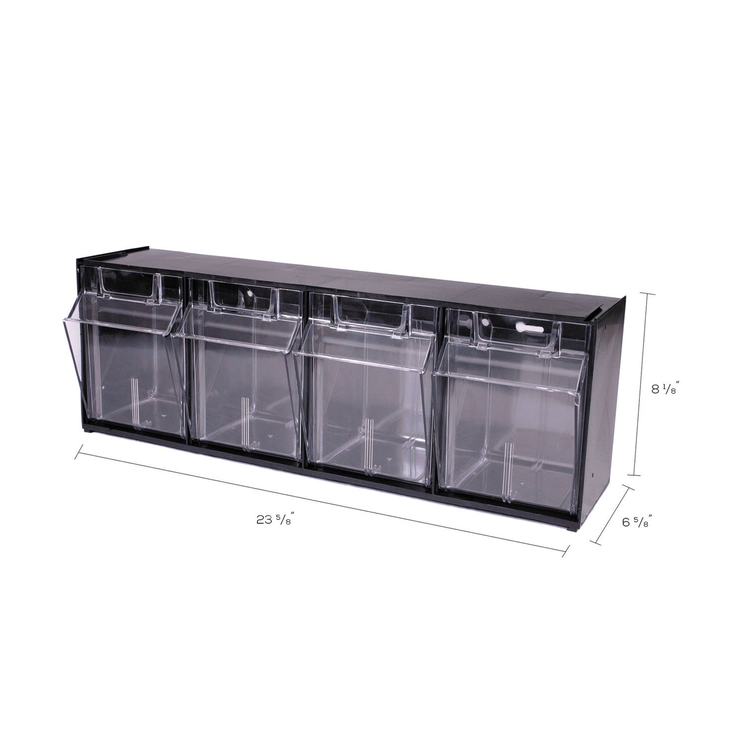 deflecto® Tilt Bin Interlocking Multi-Bin Storage Organizer, 4 Sections, 23.63" x 6.63" x 8.13", Black/Clear