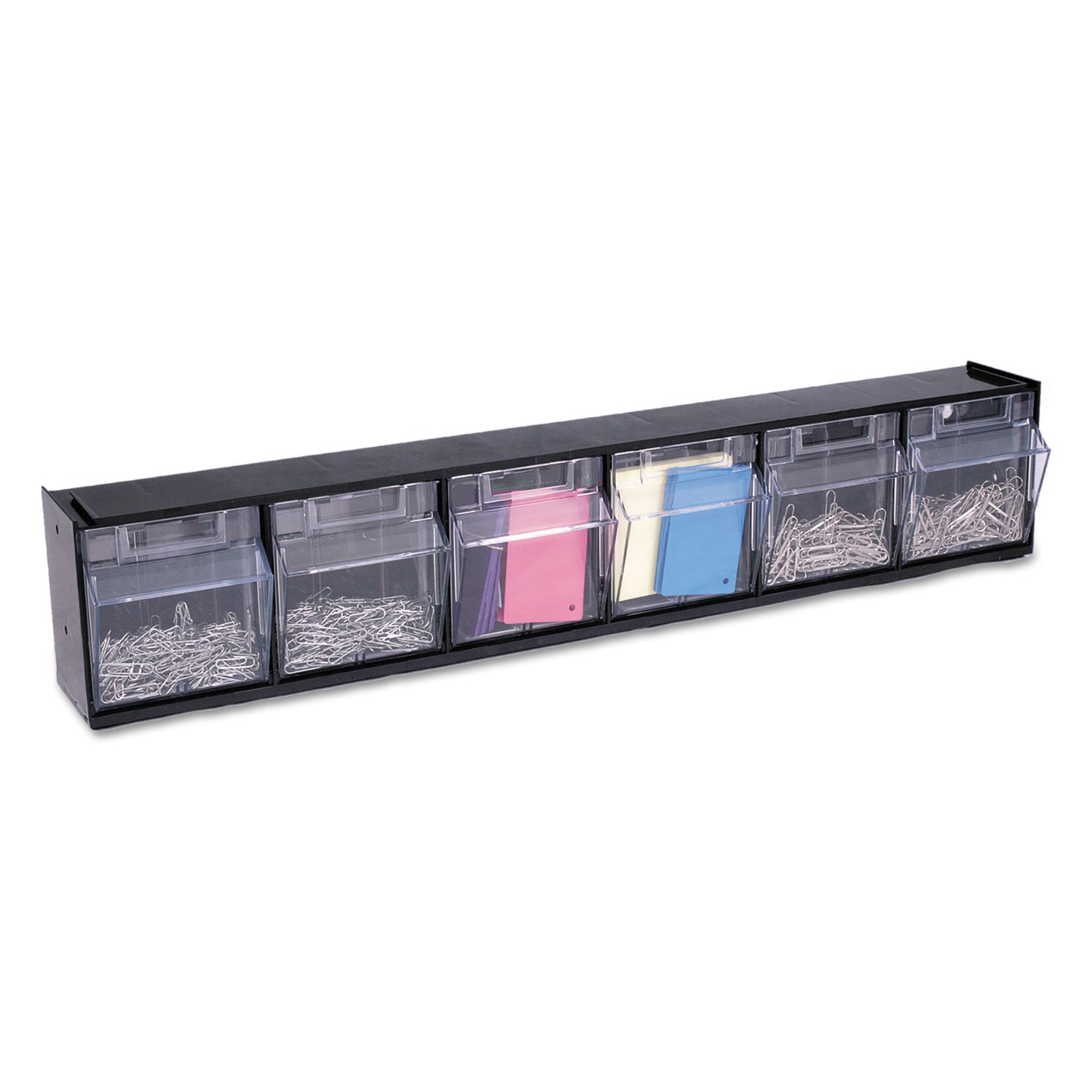 deflecto® Tilt Bin Interlocking Multi-Bin Storage Organizer, 6 Sections, 23.63" x 3.63" x 4.5", Black/Clear