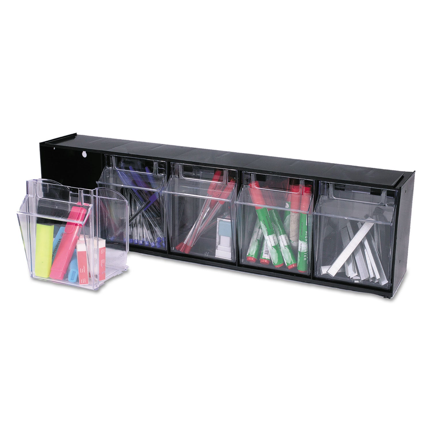 deflecto® Tilt Bin Interlocking Multi-Bin Storage Organizer, 5 Sections, 23.63" x 5.25" x 6.5", Black/Clear