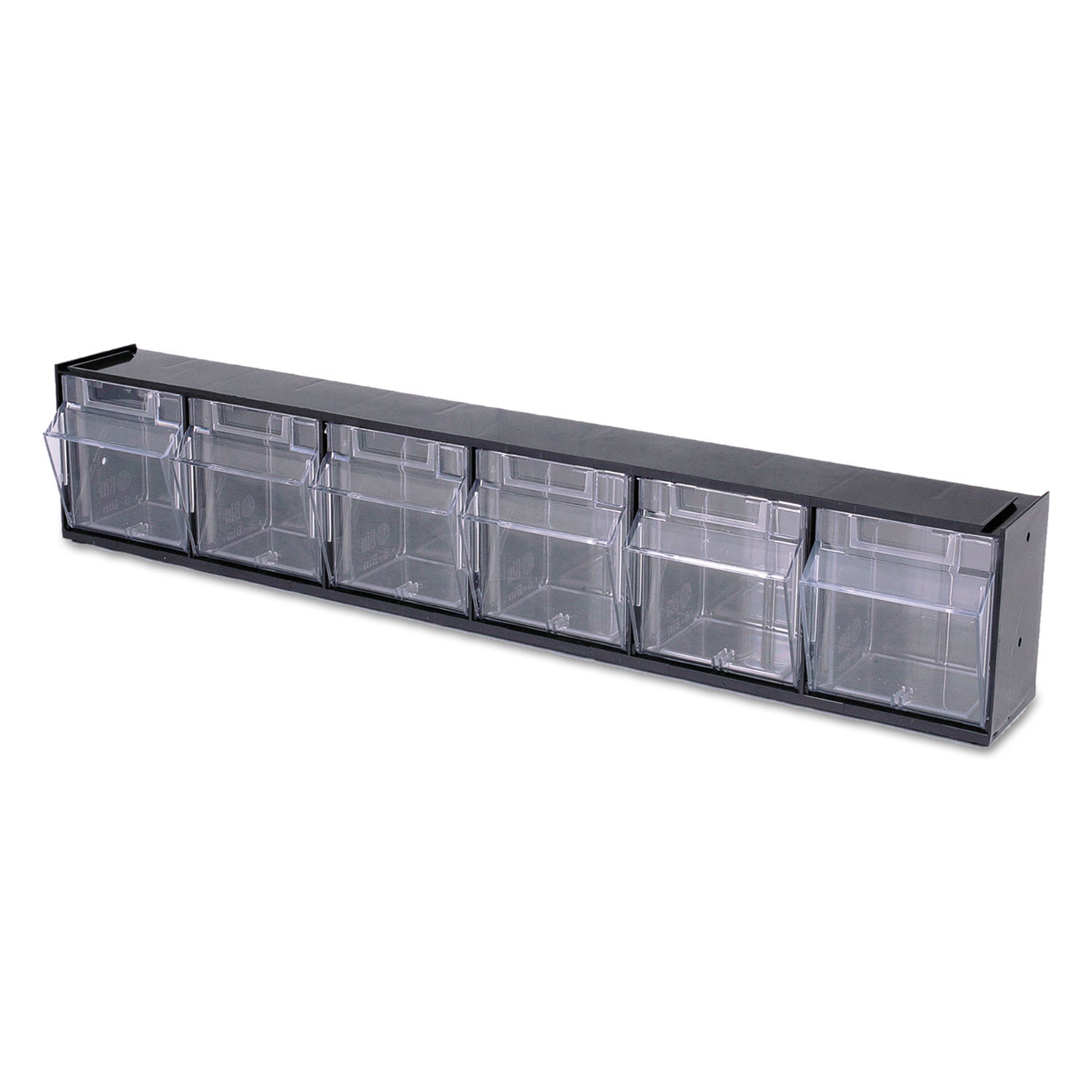 deflecto® Tilt Bin Interlocking Multi-Bin Storage Organizer, 6 Sections, 23.63" x 3.63" x 4.5", Black/Clear