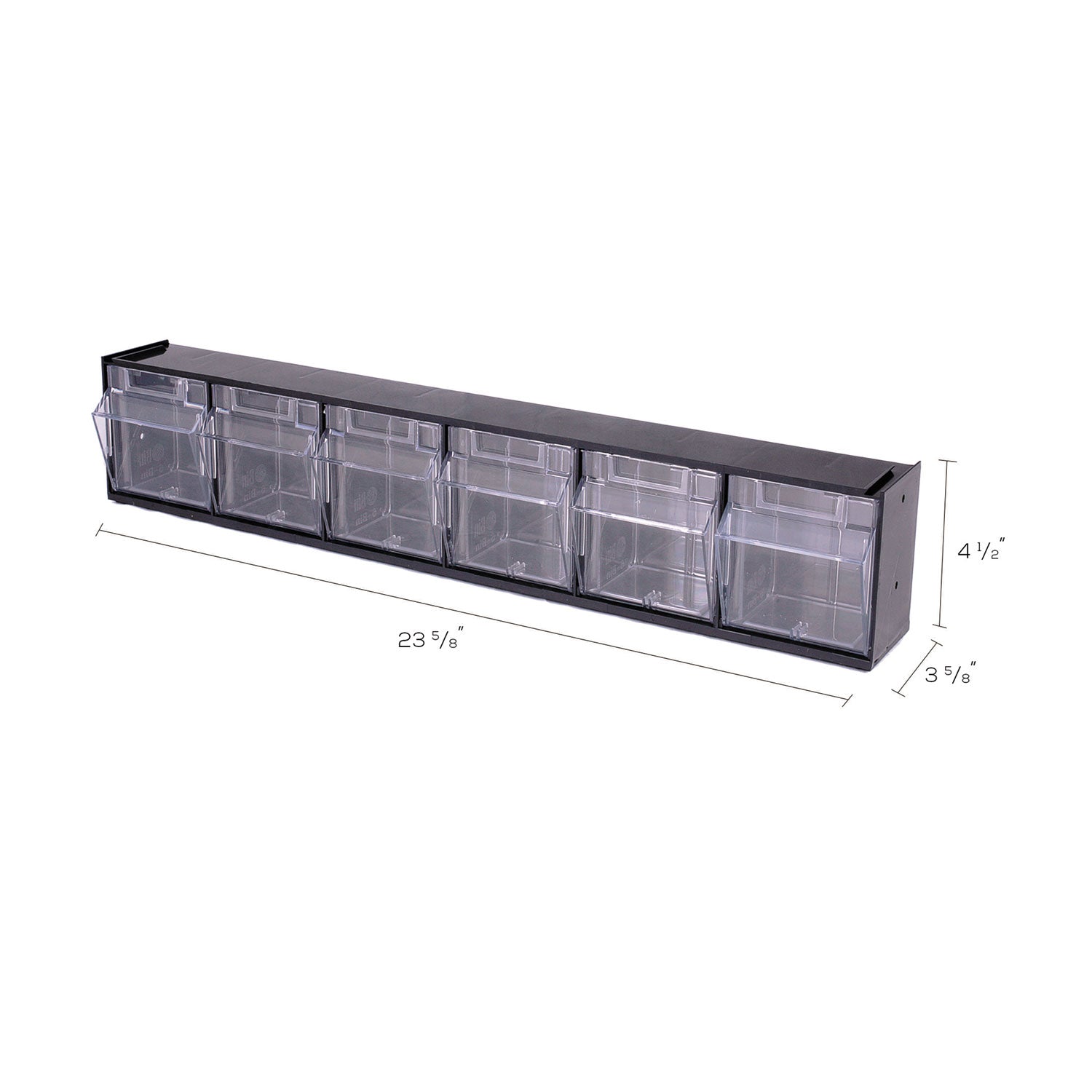 deflecto® Tilt Bin Interlocking Multi-Bin Storage Organizer, 6 Sections, 23.63" x 3.63" x 4.5", Black/Clear