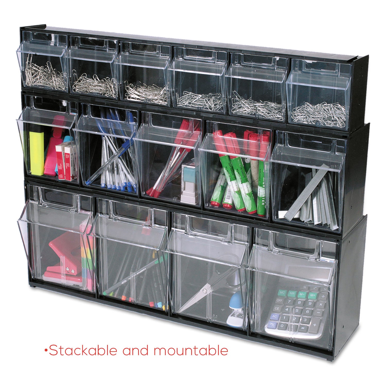 deflecto® Tilt Bin Interlocking Multi-Bin Storage Organizer, 4 Sections, 23.63" x 6.63" x 8.13", Black/Clear