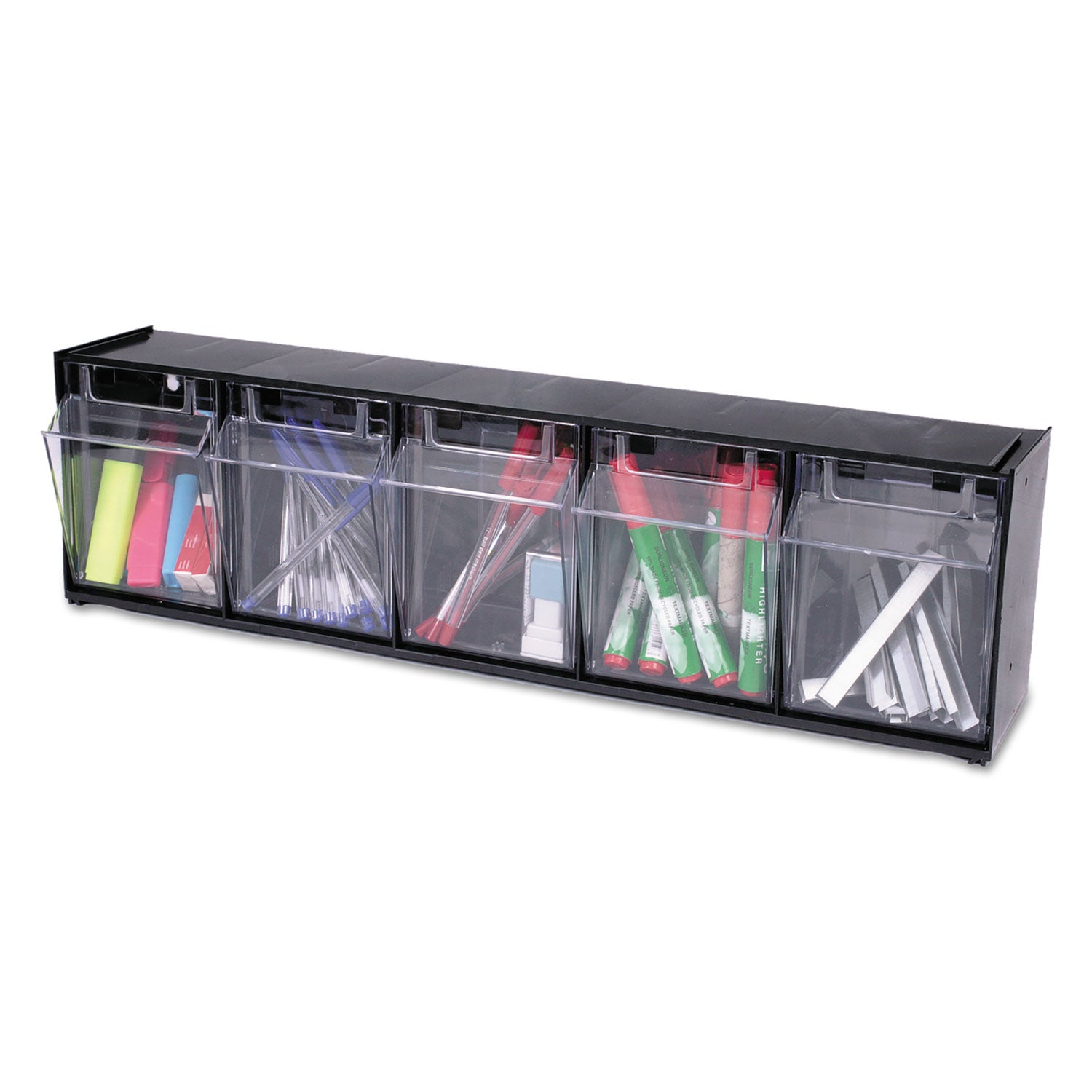 deflecto® Tilt Bin Interlocking Multi-Bin Storage Organizer, 5 Sections, 23.63" x 5.25" x 6.5", Black/Clear