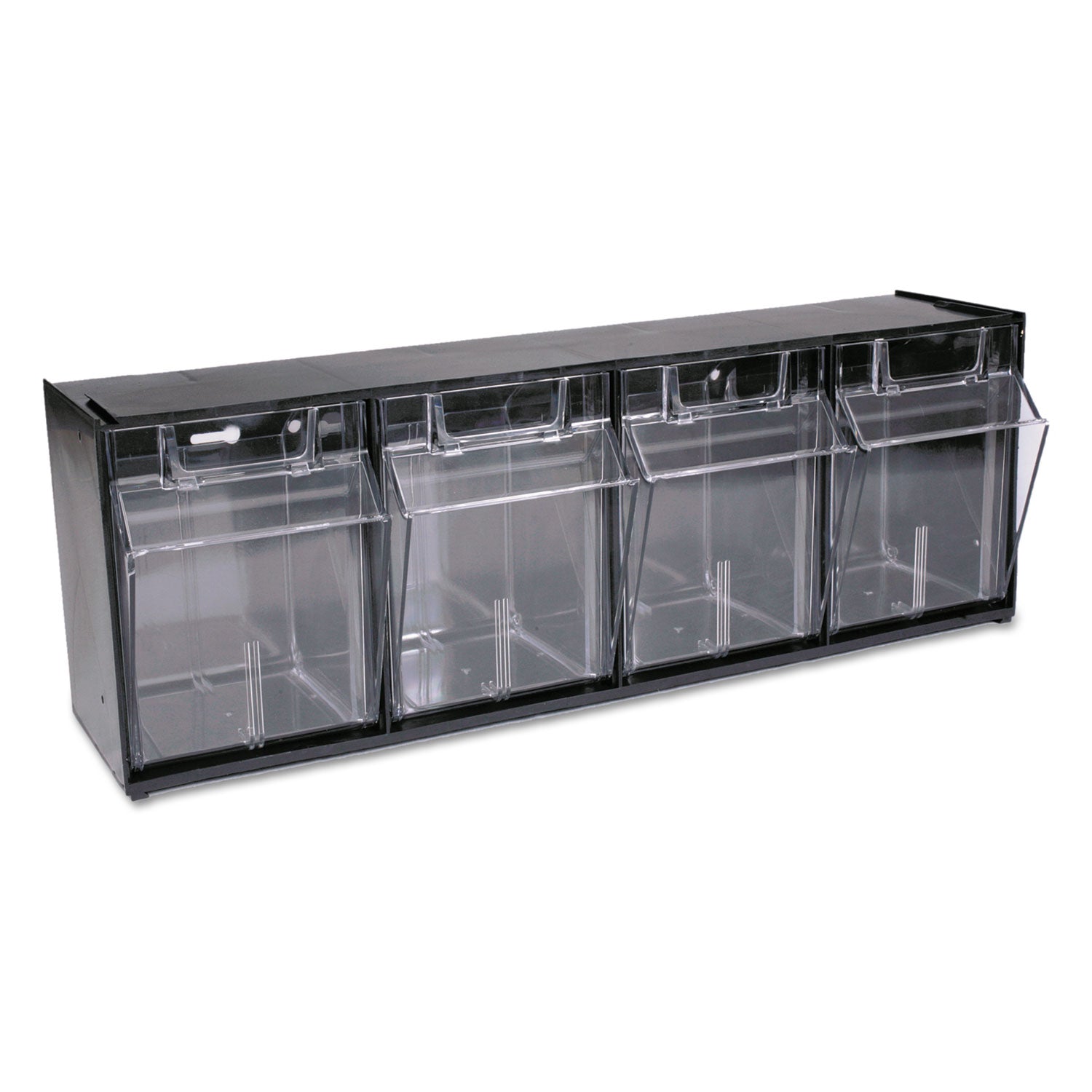 deflecto® Tilt Bin Interlocking Multi-Bin Storage Organizer, 4 Sections, 23.63" x 6.63" x 8.13", Black/Clear